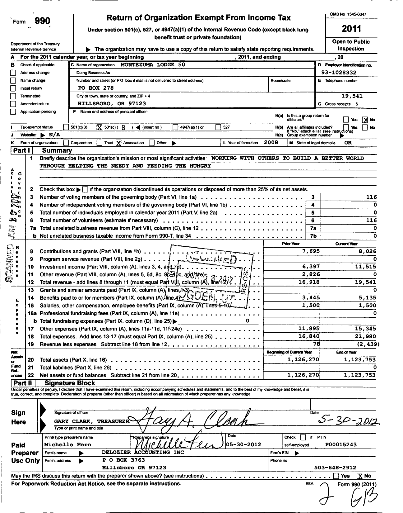 Image of first page of 2011 Form 990O for Independent Order of Odd Fellows - 50 Montezuma Lodge