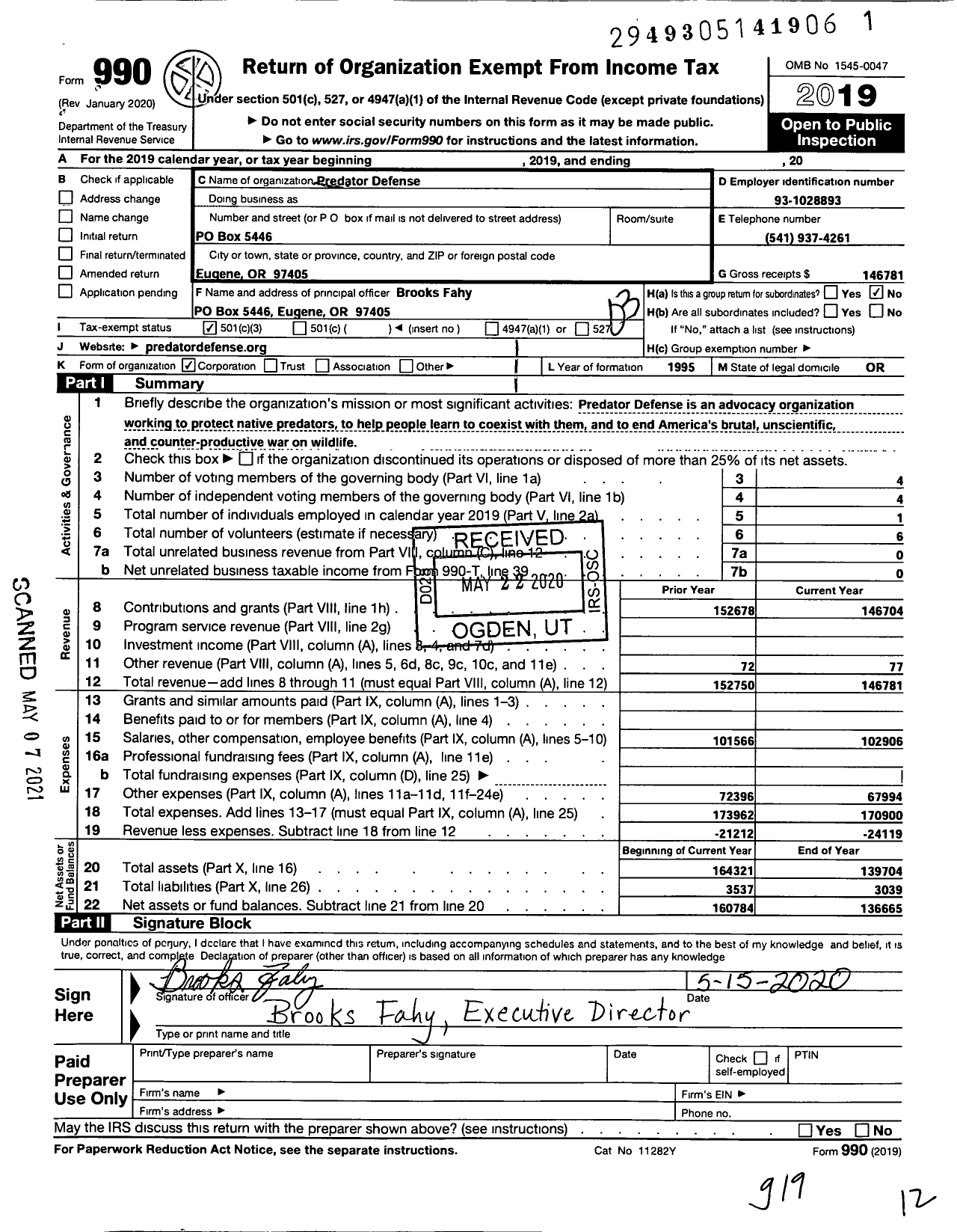 Image of first page of 2019 Form 990 for Predator Defense