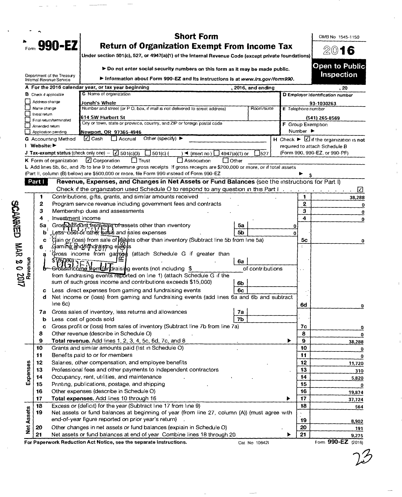 Image of first page of 2016 Form 990EZ for Jonahs Whale