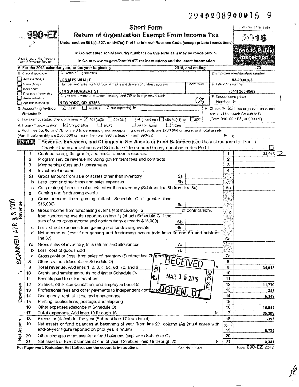 Image of first page of 2018 Form 990EZ for Jonahs Whale