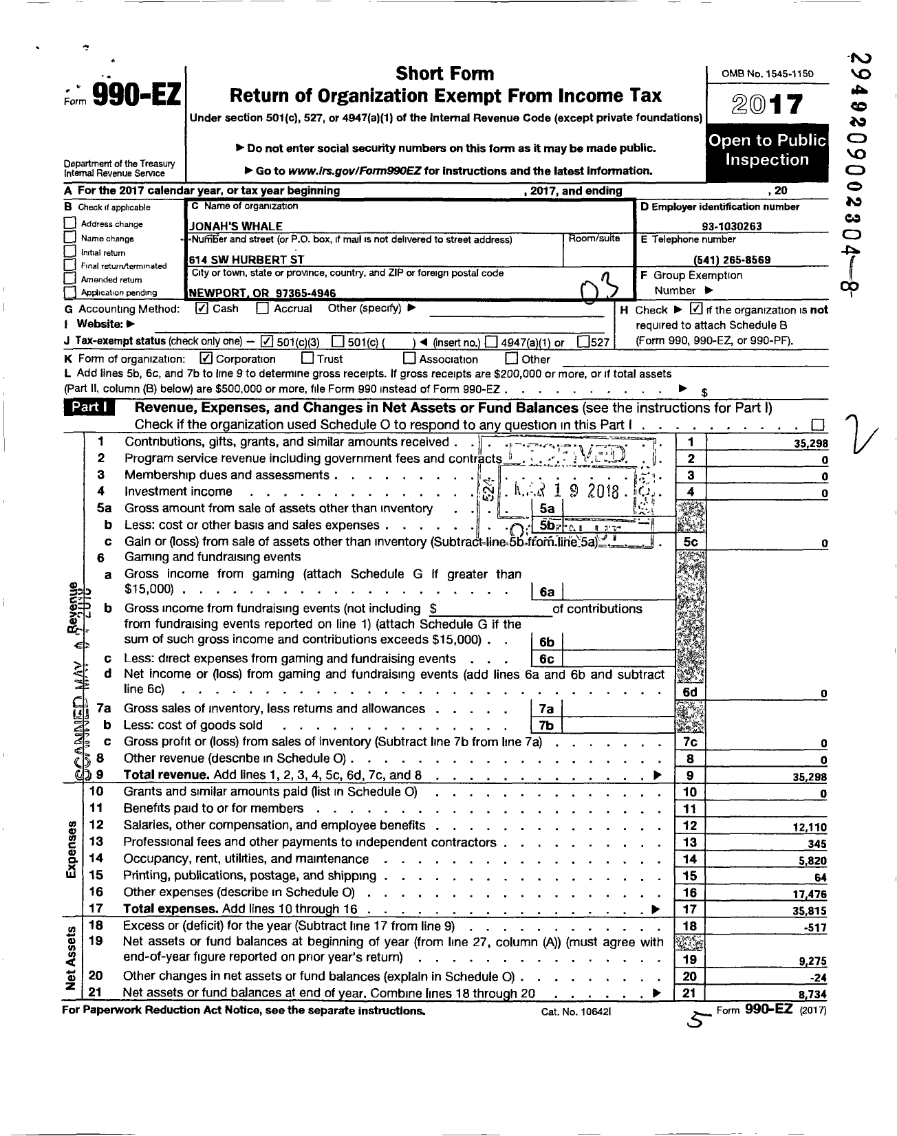 Image of first page of 2017 Form 990EZ for Jonahs Whale