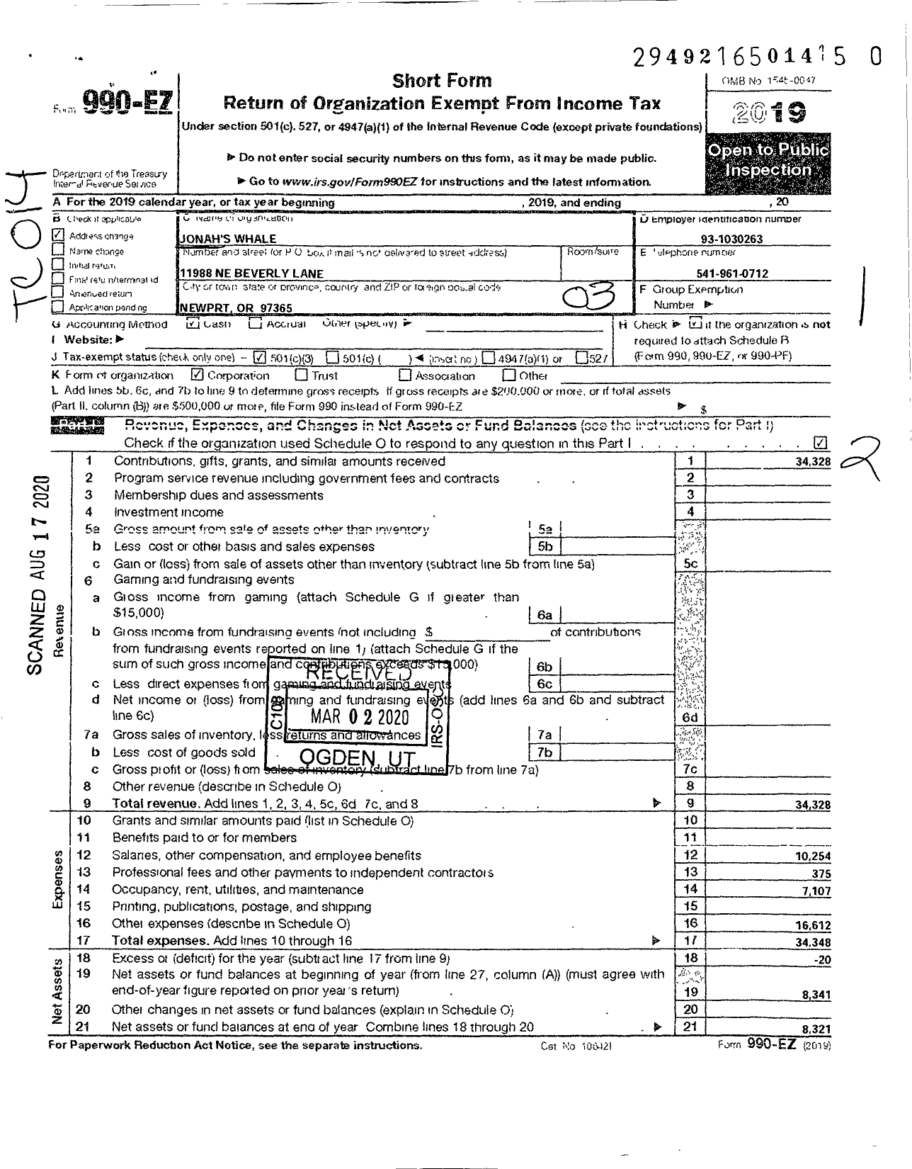 Image of first page of 2019 Form 990EZ for Jonahs Whale