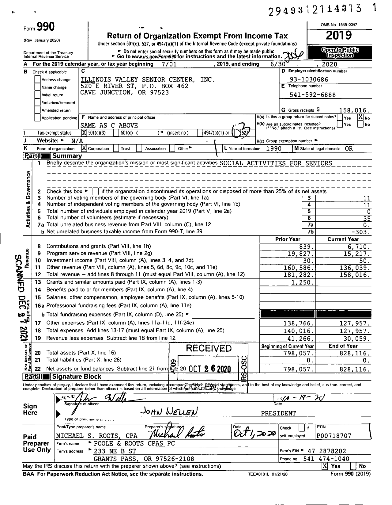 Image of first page of 2019 Form 990 for Illinois Valley Senior Center