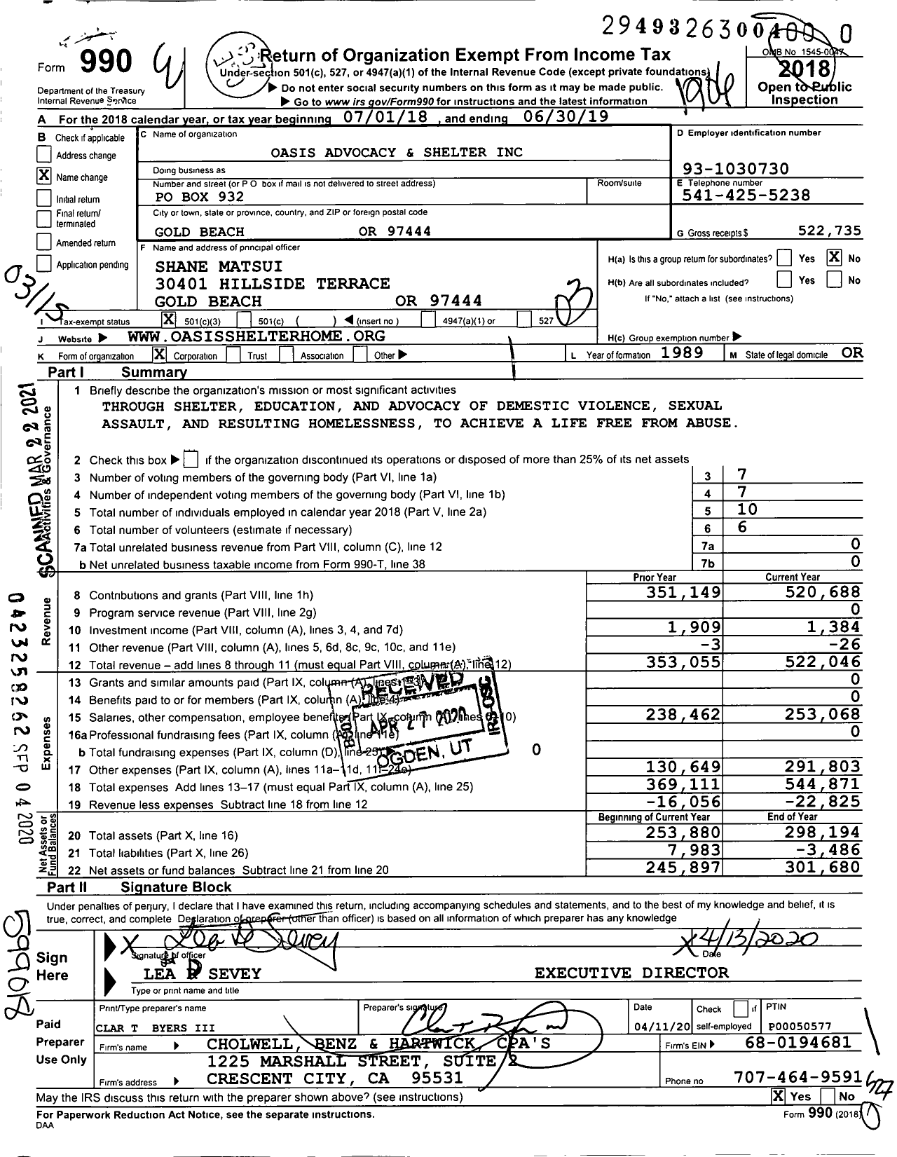 Image of first page of 2018 Form 990 for Oasis Advocacy and Shelter