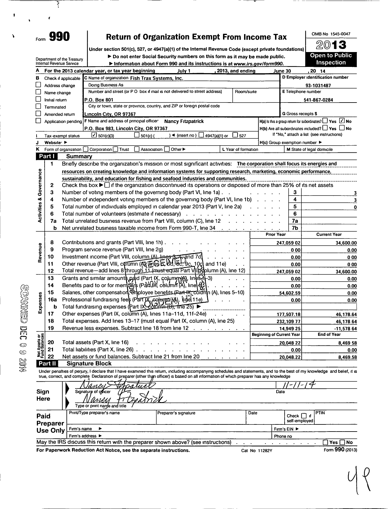 Image of first page of 2013 Form 990 for Fish Trax Systems