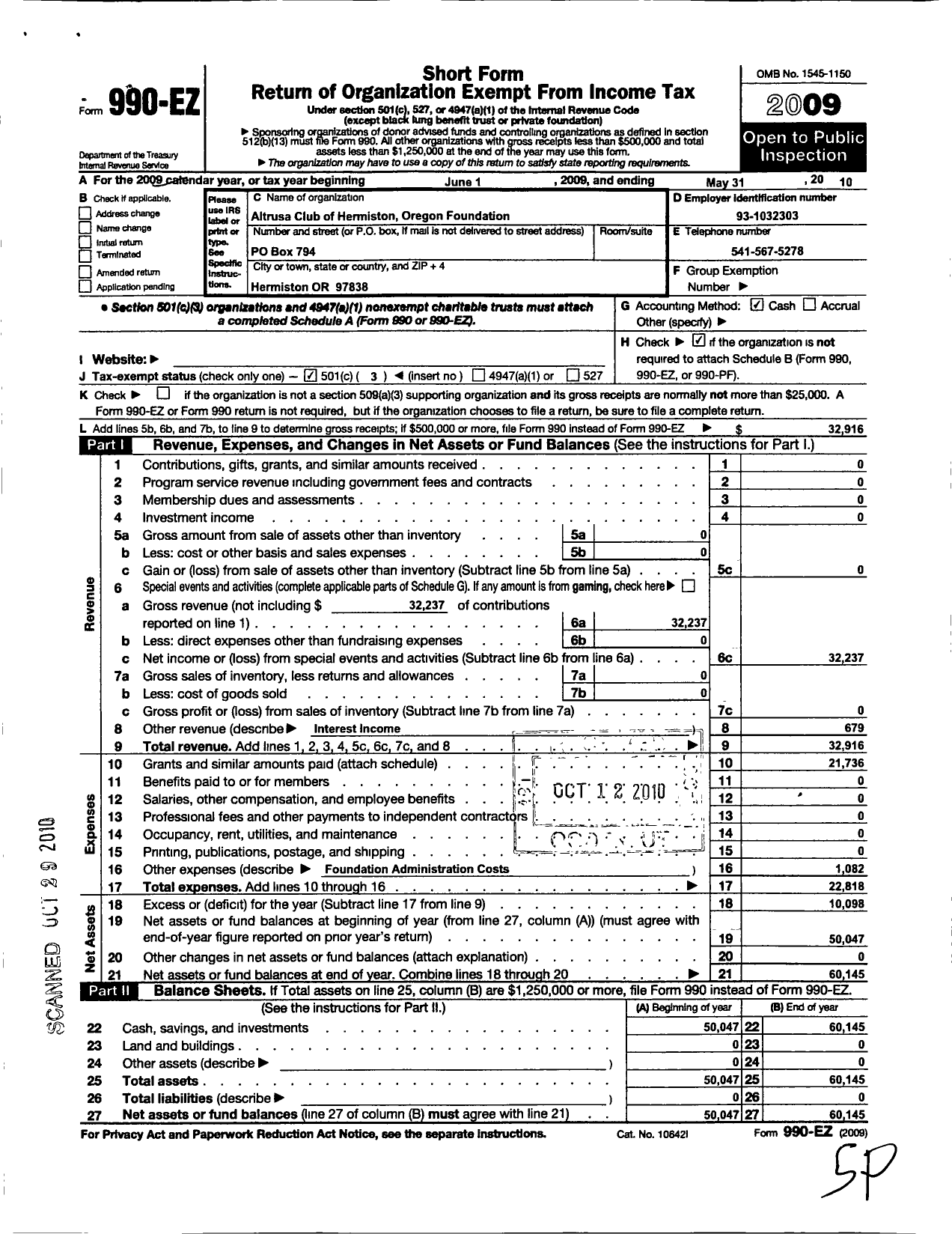 Image of first page of 2009 Form 990EZ for Altrusa International Foundation / Hermiston Oregon