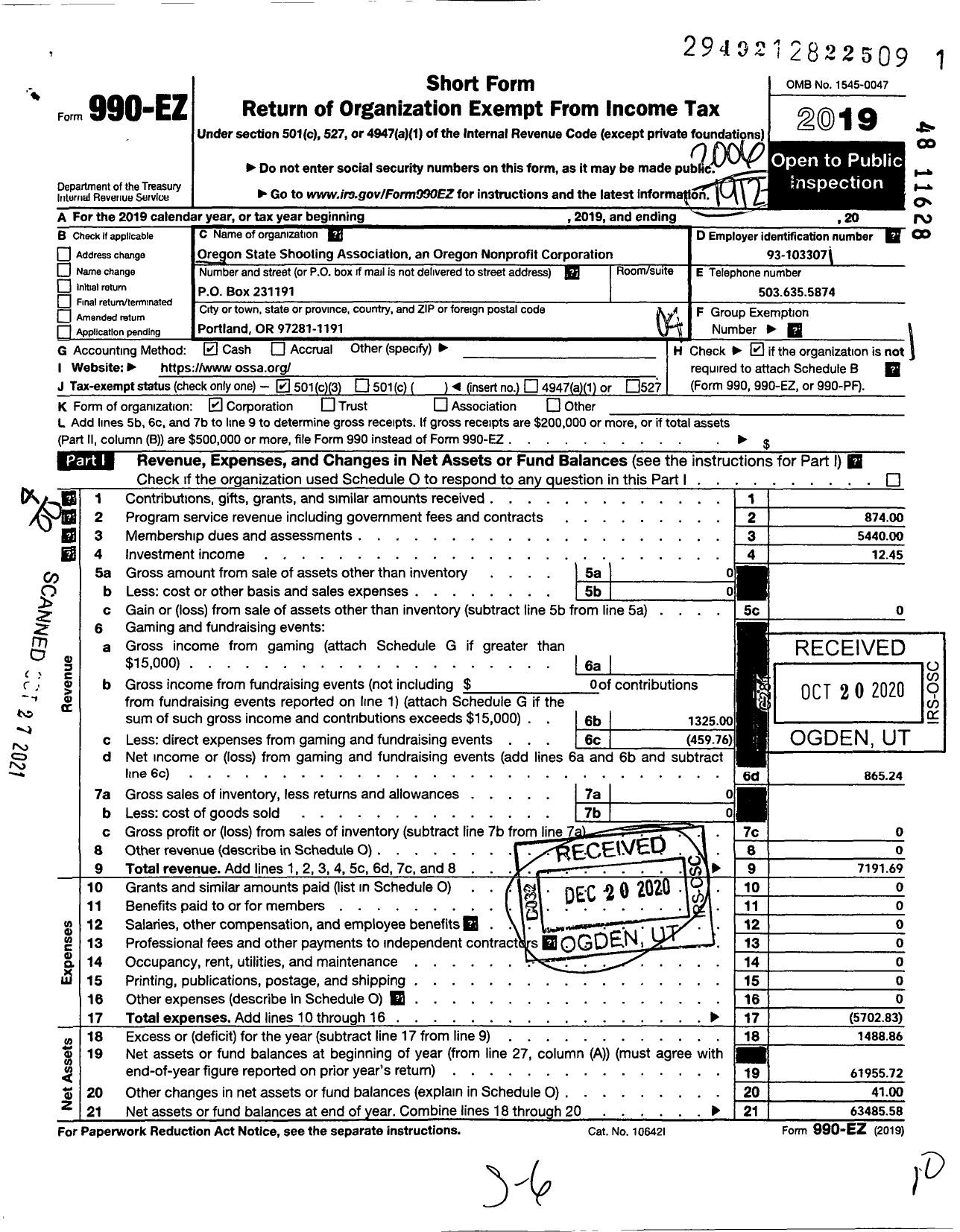 Image of first page of 2019 Form 990EO for Oregon State Shooting Association