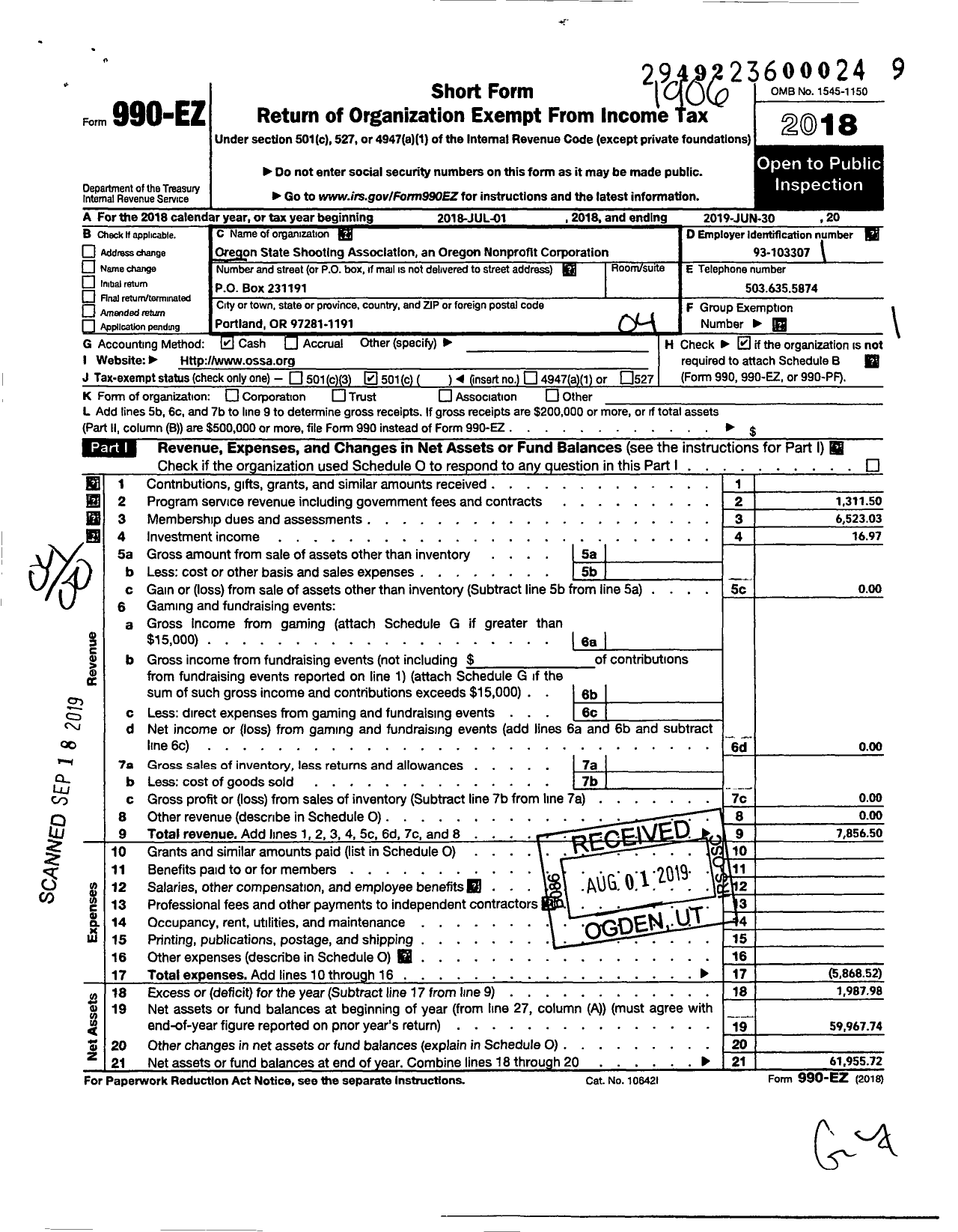 Image of first page of 2018 Form 990EO for Oregon State Shooting Association