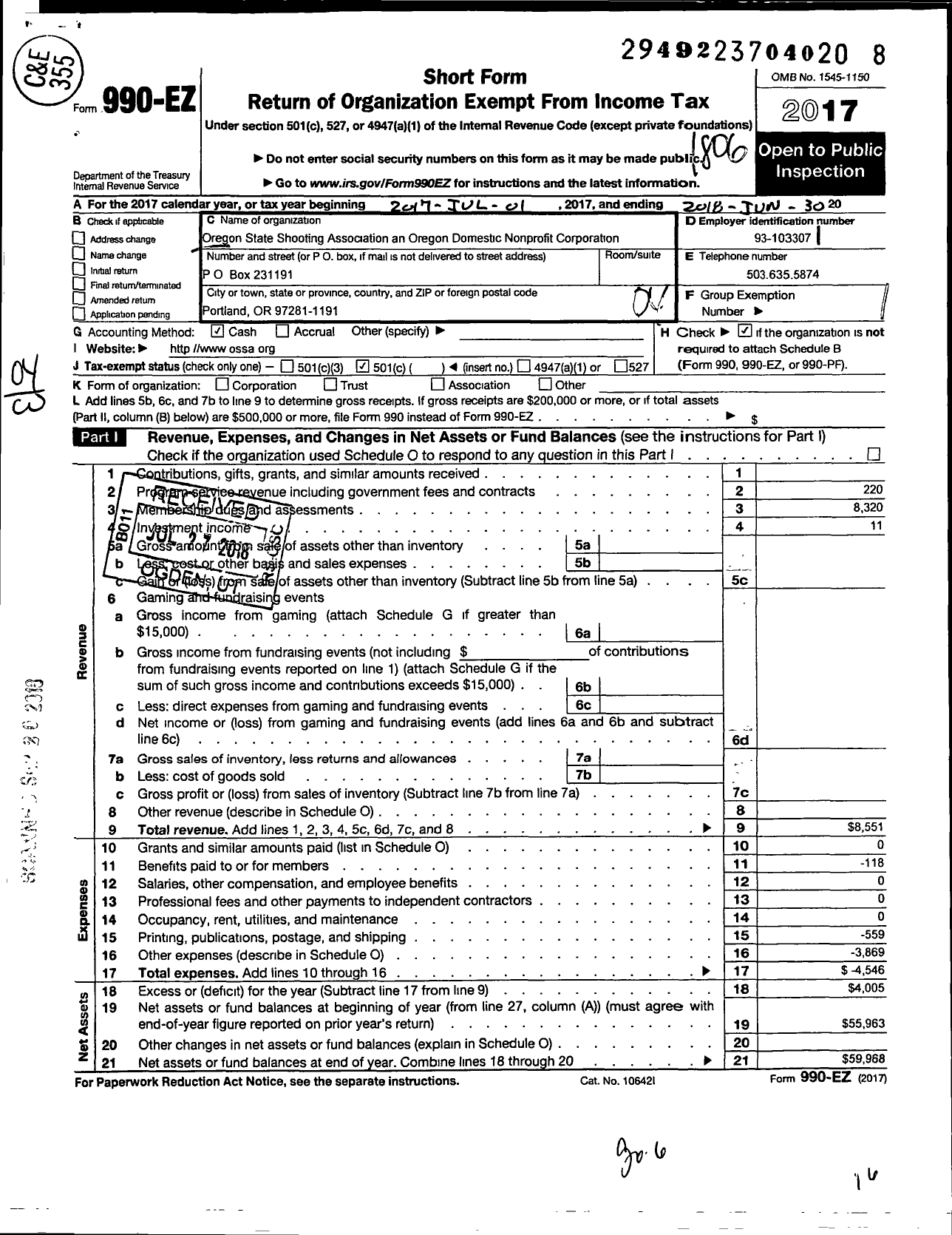 Image of first page of 2017 Form 990EO for Oregon State Shooting Association