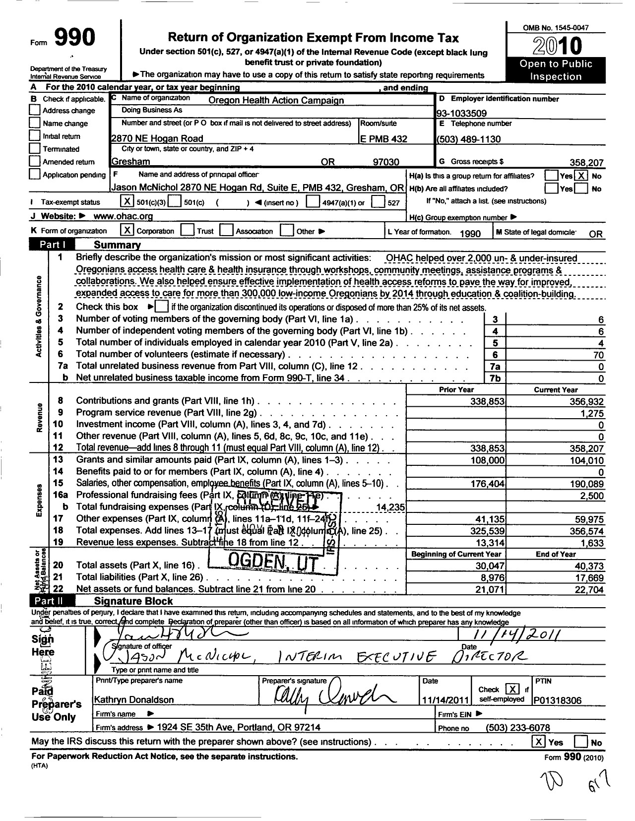 Image of first page of 2010 Form 990 for Oregon Health Action Campaign