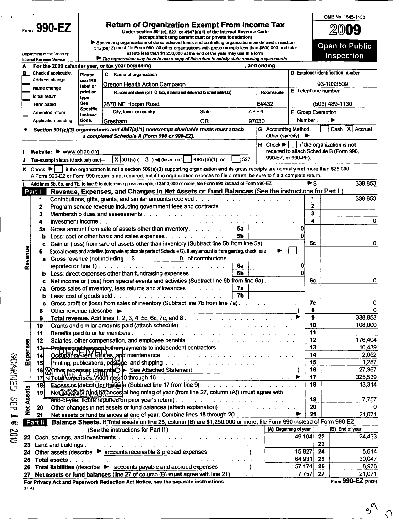 Image of first page of 2009 Form 990EZ for Oregon Health Action Campaign