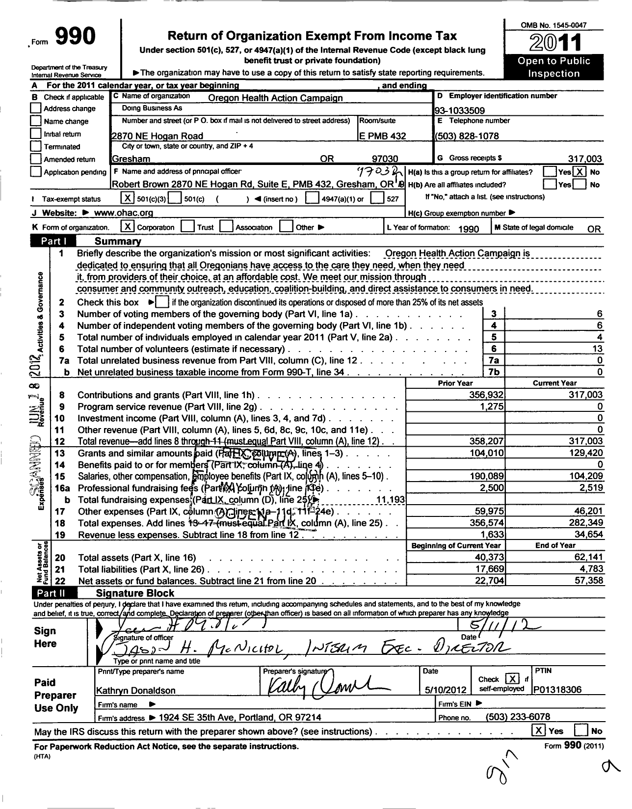 Image of first page of 2011 Form 990 for Oregon Health Action Campaign