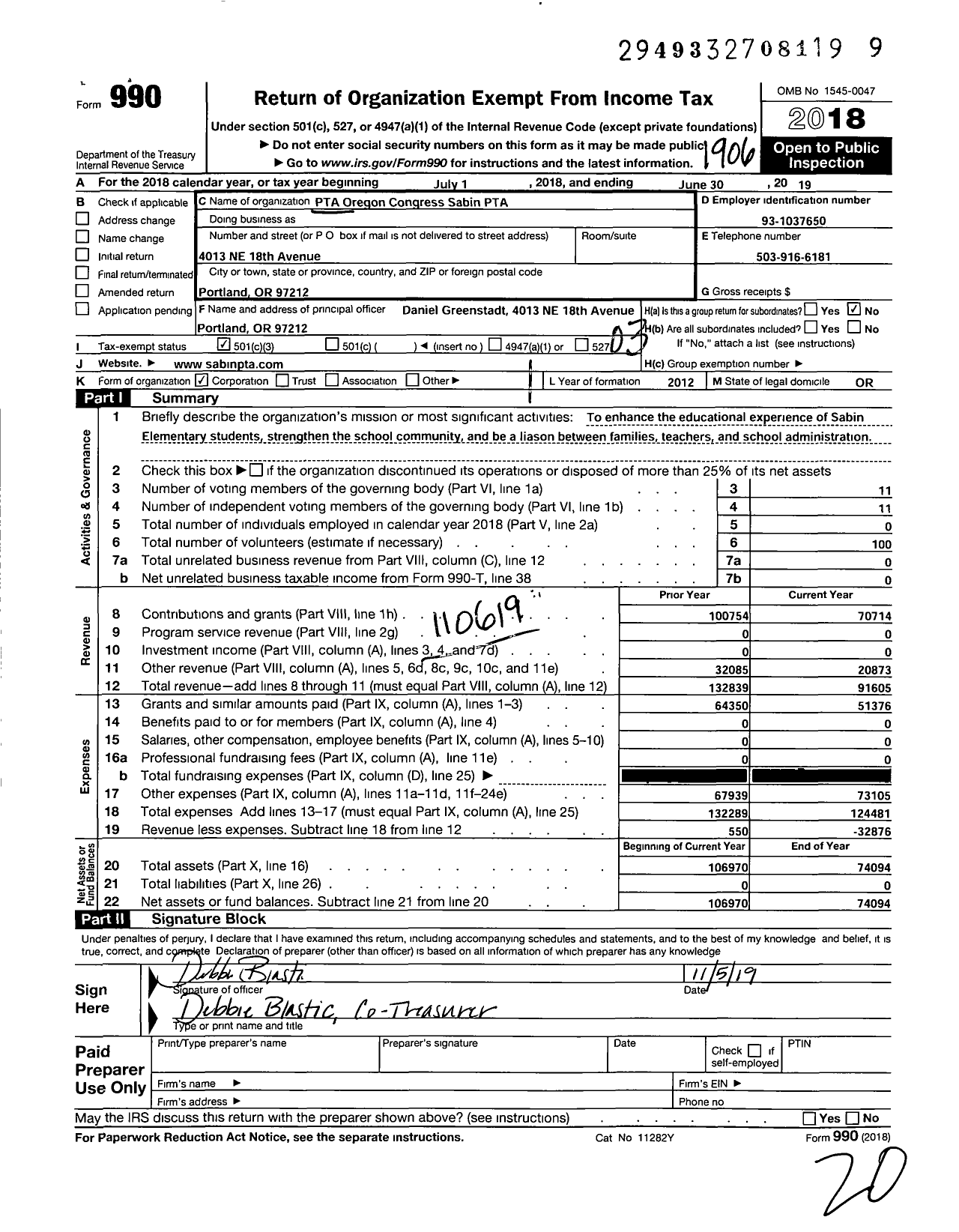 Image of first page of 2018 Form 990 for PTA Oregon Congress / Sabin PTA