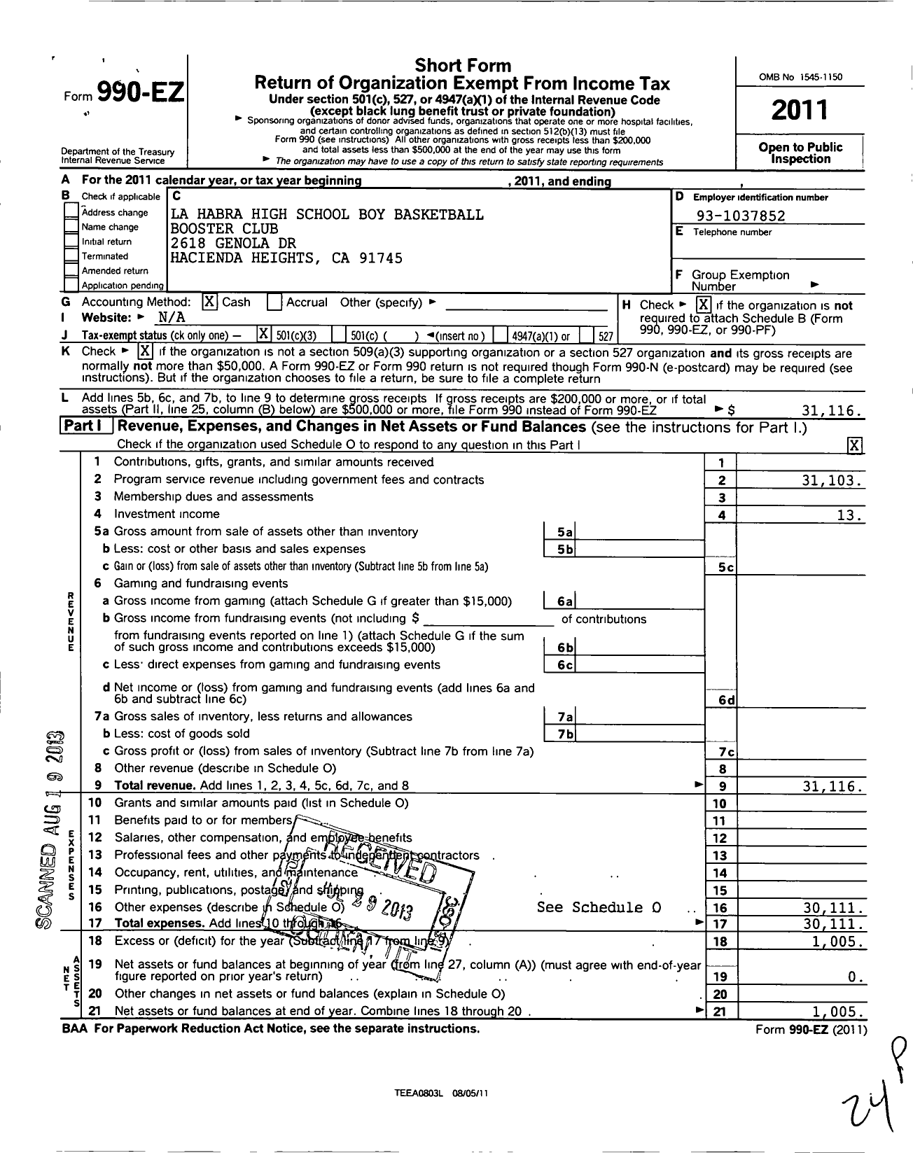 Image of first page of 2011 Form 990EZ for La Habra High School Boys Basketball Booster Club