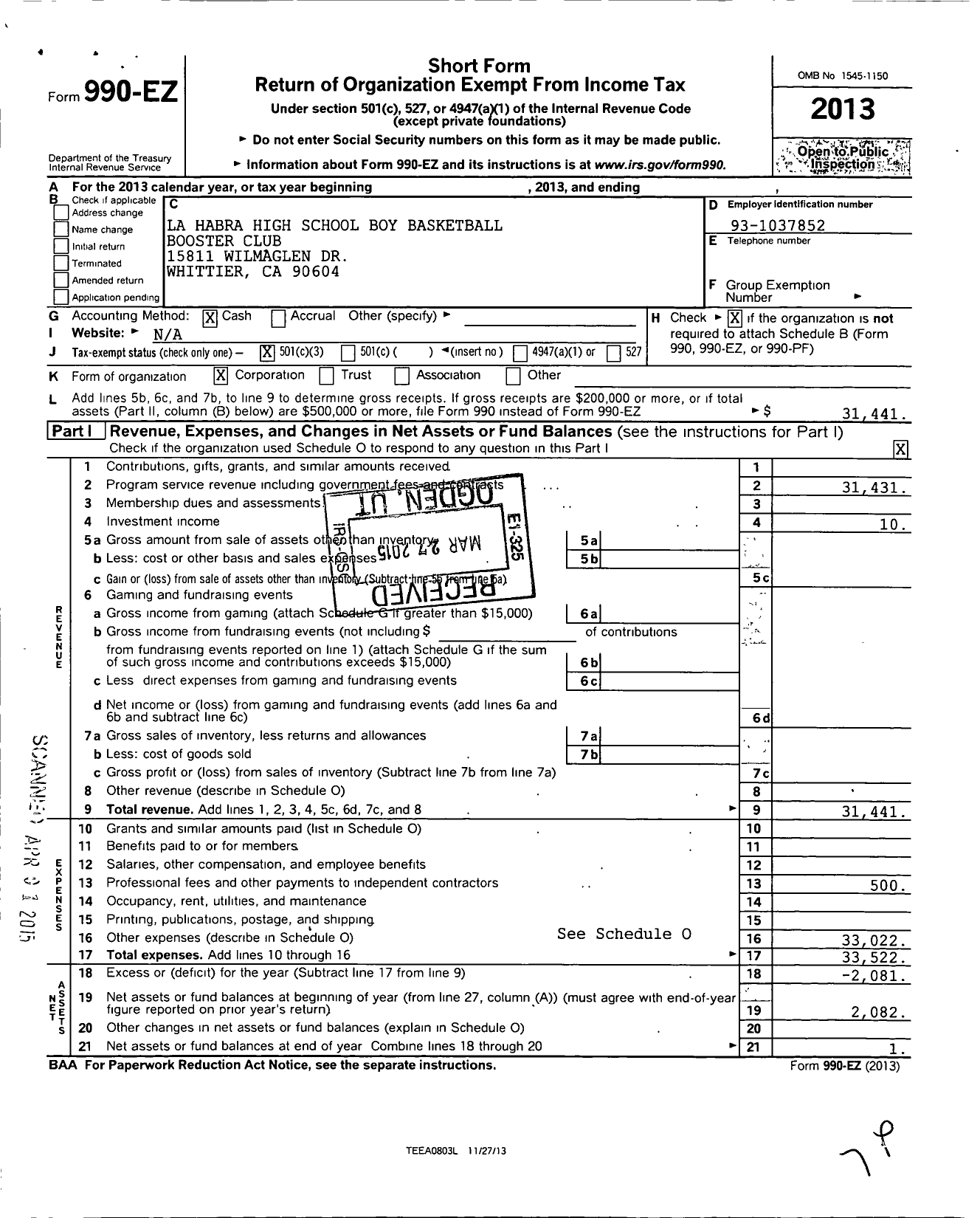 Image of first page of 2013 Form 990EZ for La Habra High School Boys Basketball Booster Club