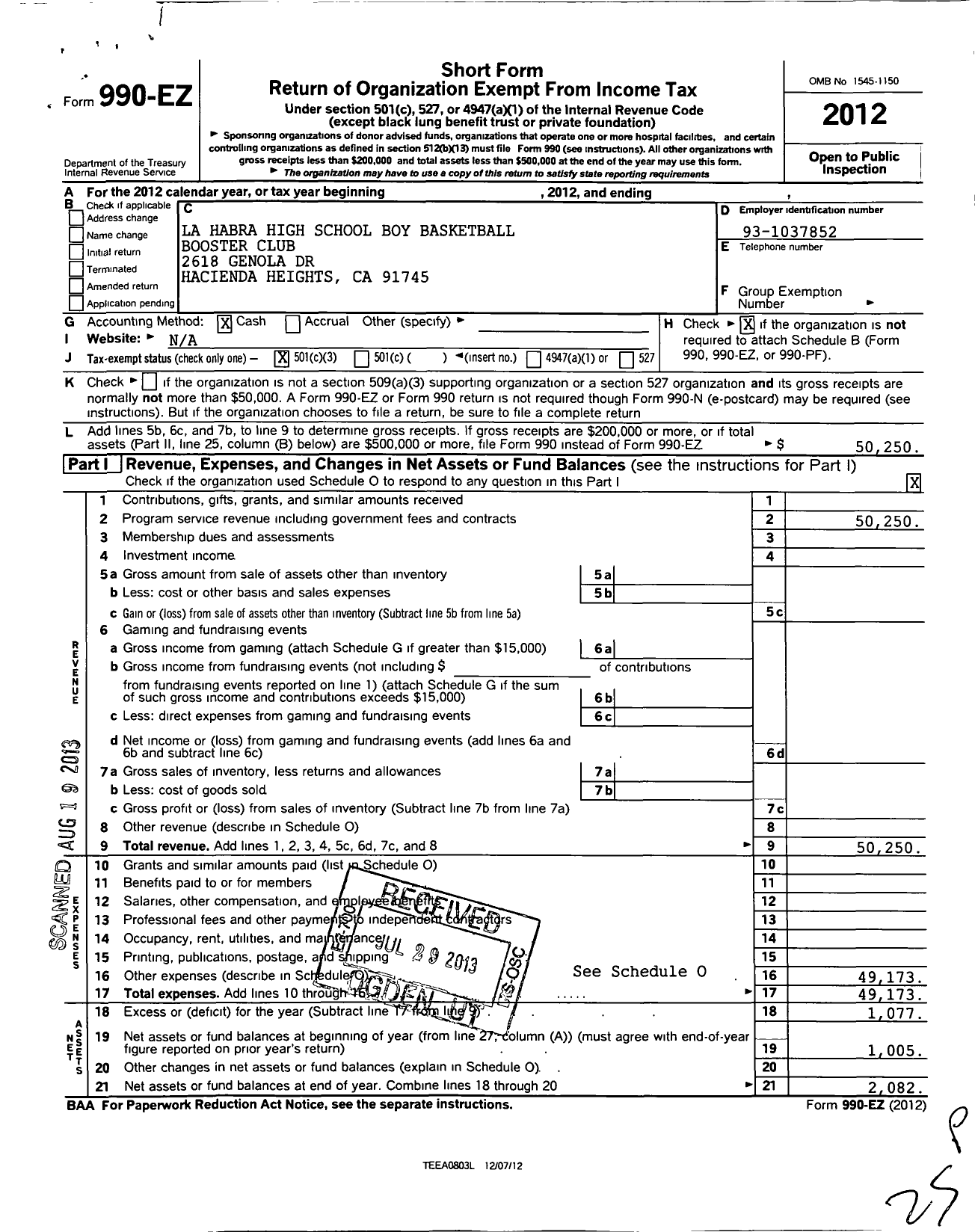 Image of first page of 2012 Form 990EZ for La Habra High School Boys Basketball Booster Club