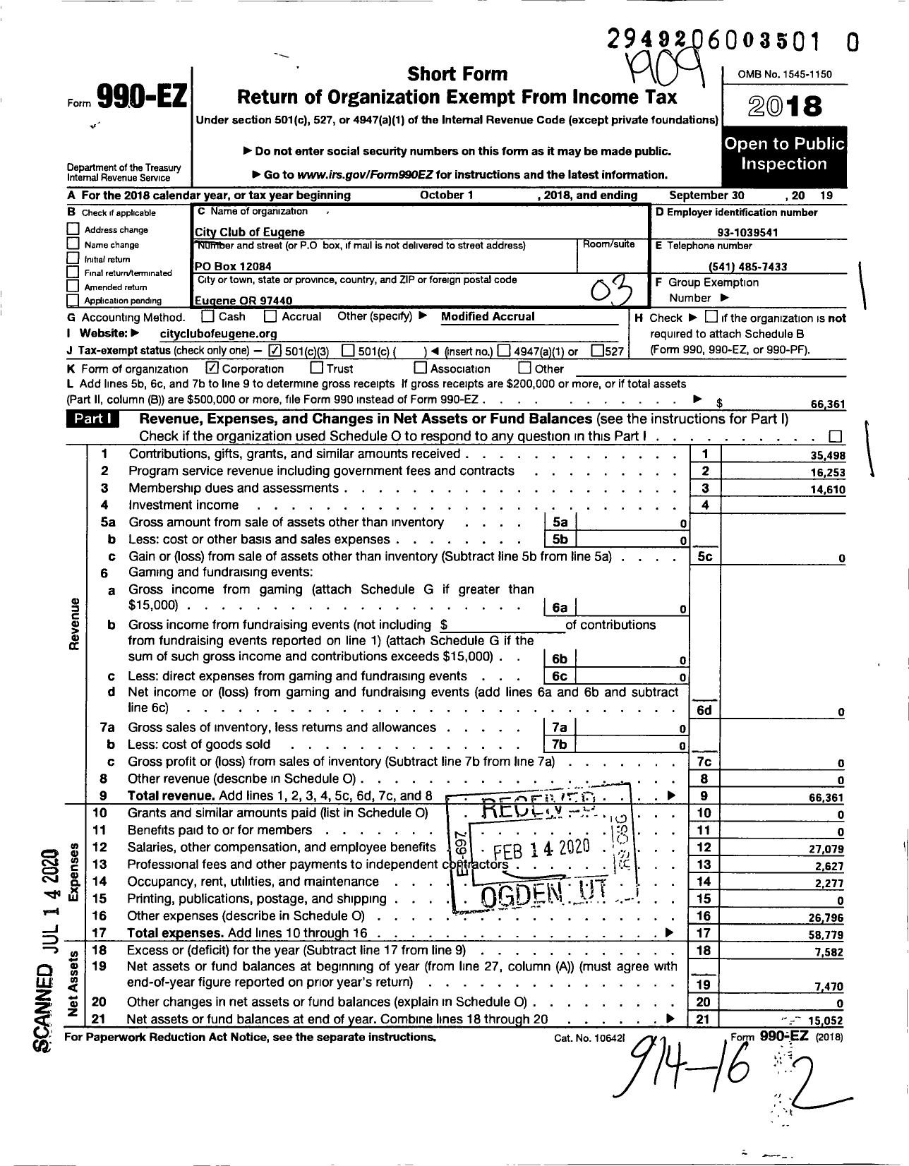 Image of first page of 2018 Form 990EZ for City Club of Eugene