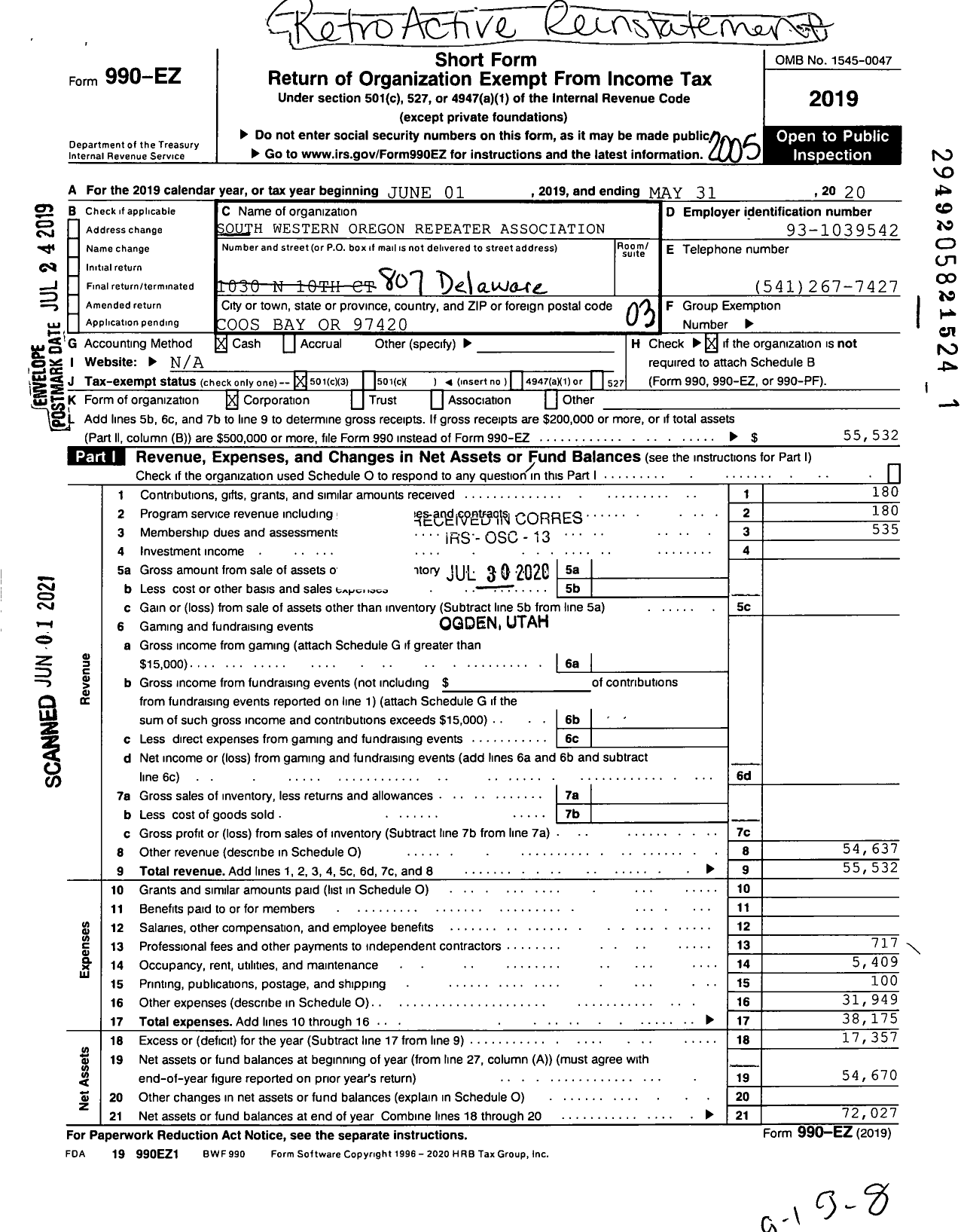 Image of first page of 2019 Form 990EZ for South Western Oregon Repeaters Association