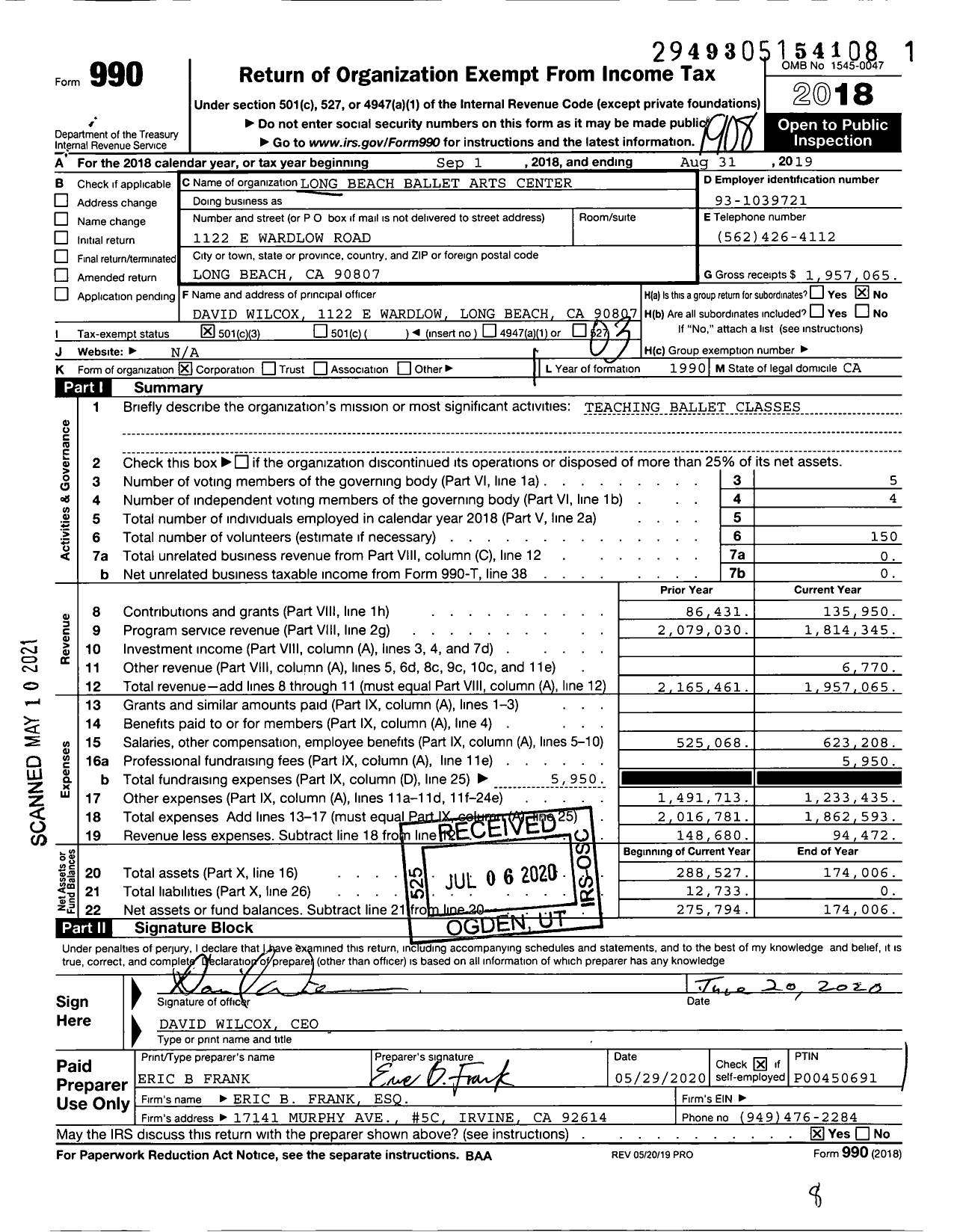 Image of first page of 2018 Form 990 for Long Beach Ballet