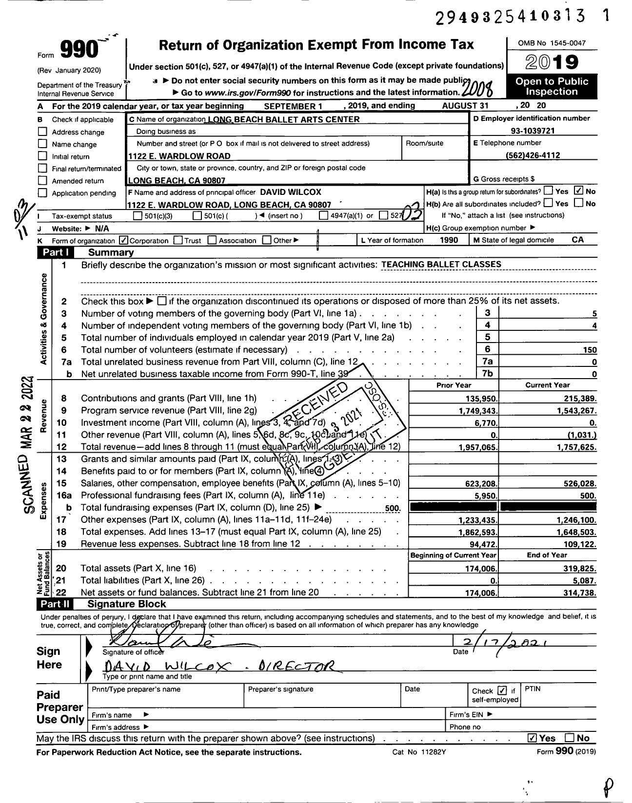 Image of first page of 2019 Form 990 for Long Beach Ballet