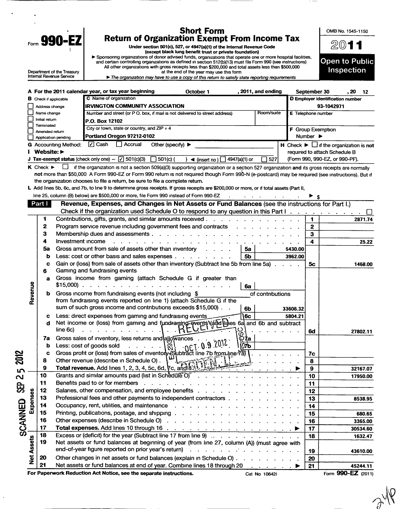 Image of first page of 2011 Form 990EZ for Irvington Community Association