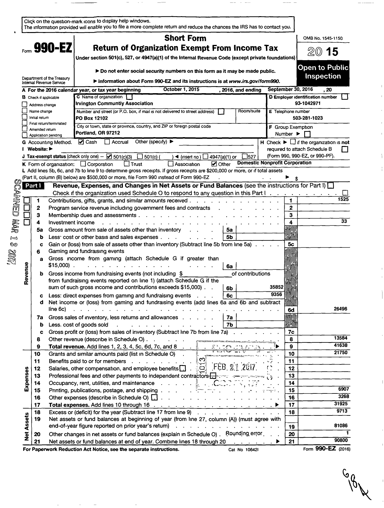 Image of first page of 2015 Form 990EZ for Irvington Community Association