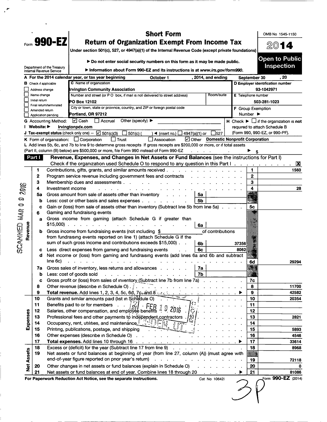 Image of first page of 2014 Form 990EZ for Irvington Community Association