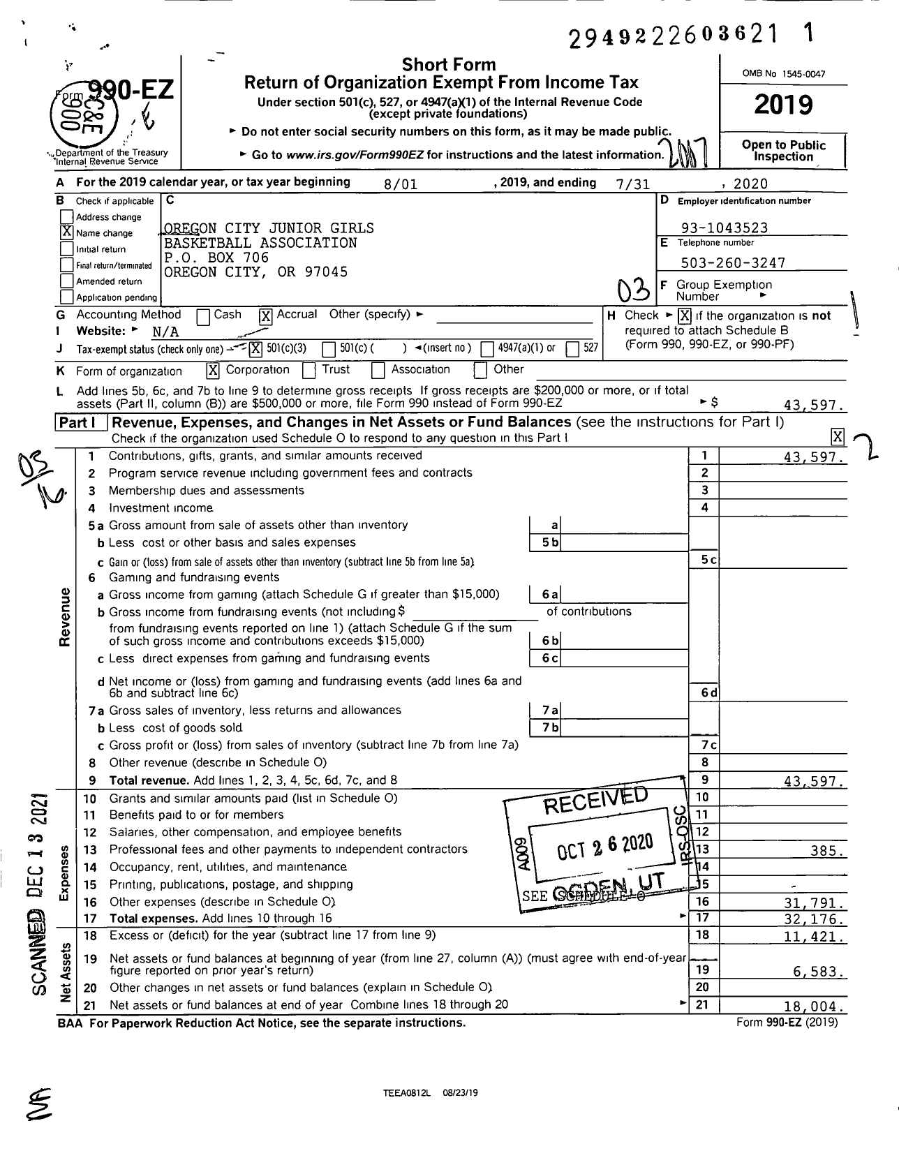 Image of first page of 2019 Form 990EZ for Oregon City Junior Girls Basketball Association