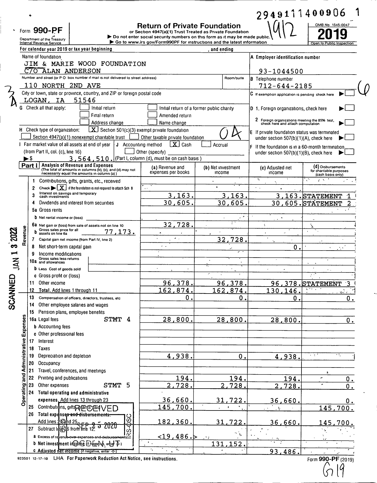 Image of first page of 2019 Form 990PF for Jim and Marie Wood Foundation