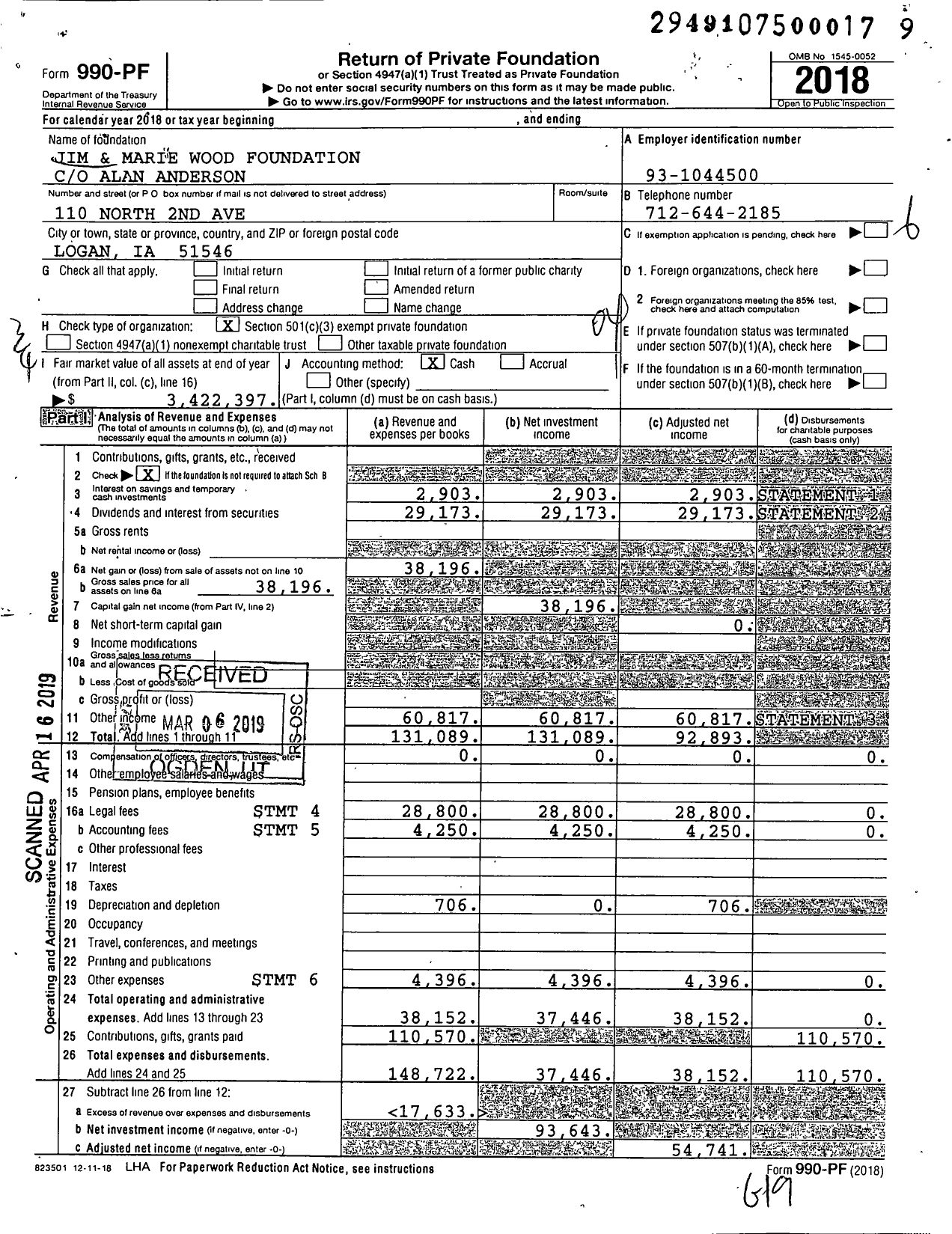 Image of first page of 2018 Form 990PF for Jim and Marie Wood Foundation