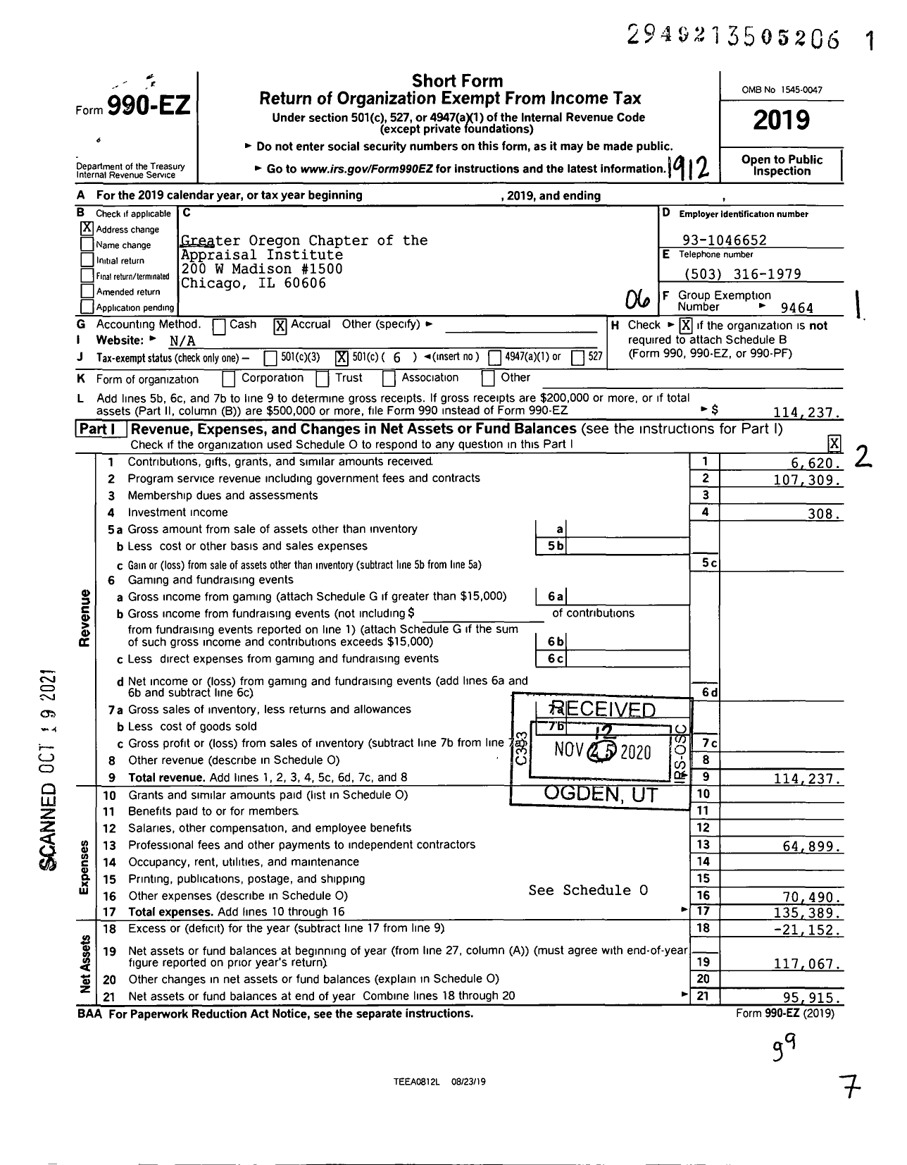 Image of first page of 2019 Form 990EO for Greater Oregon Chapter of The Appraisal Institute