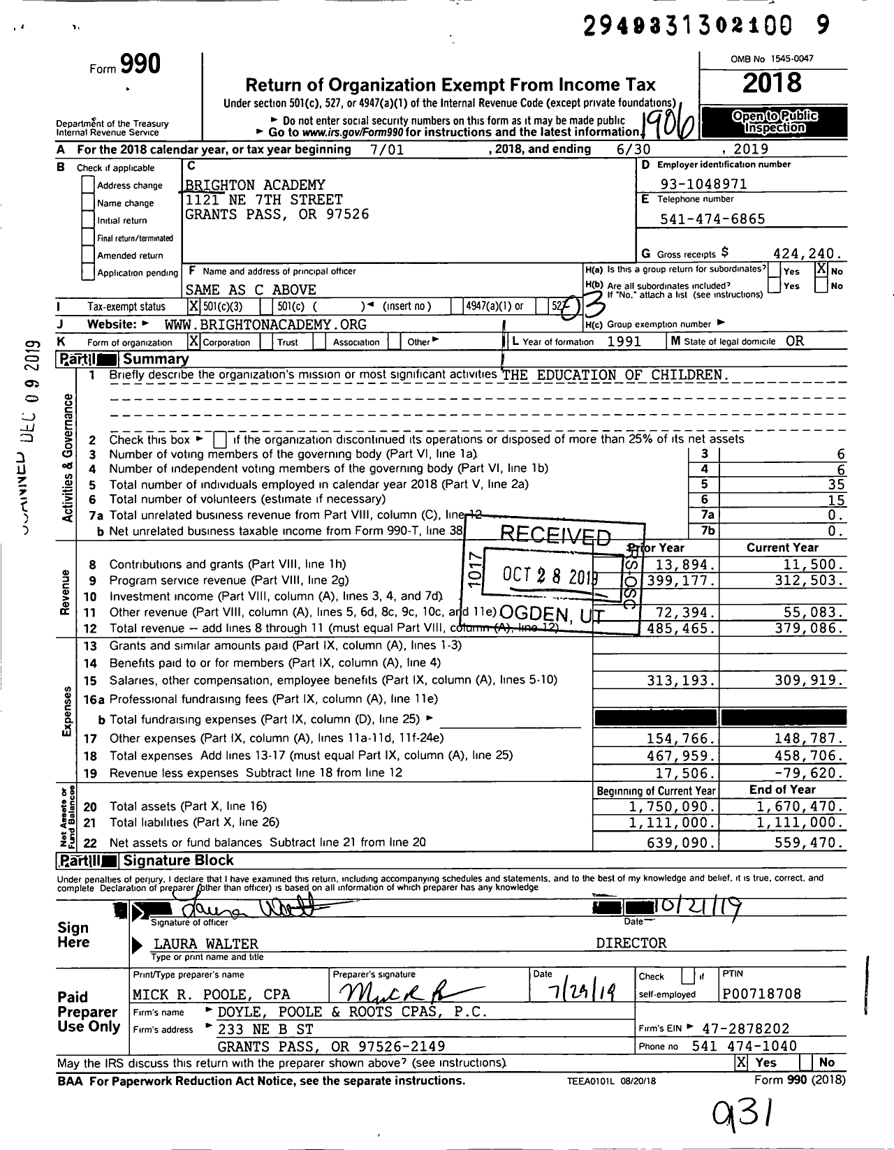 Image of first page of 2018 Form 990 for Brighton Academy