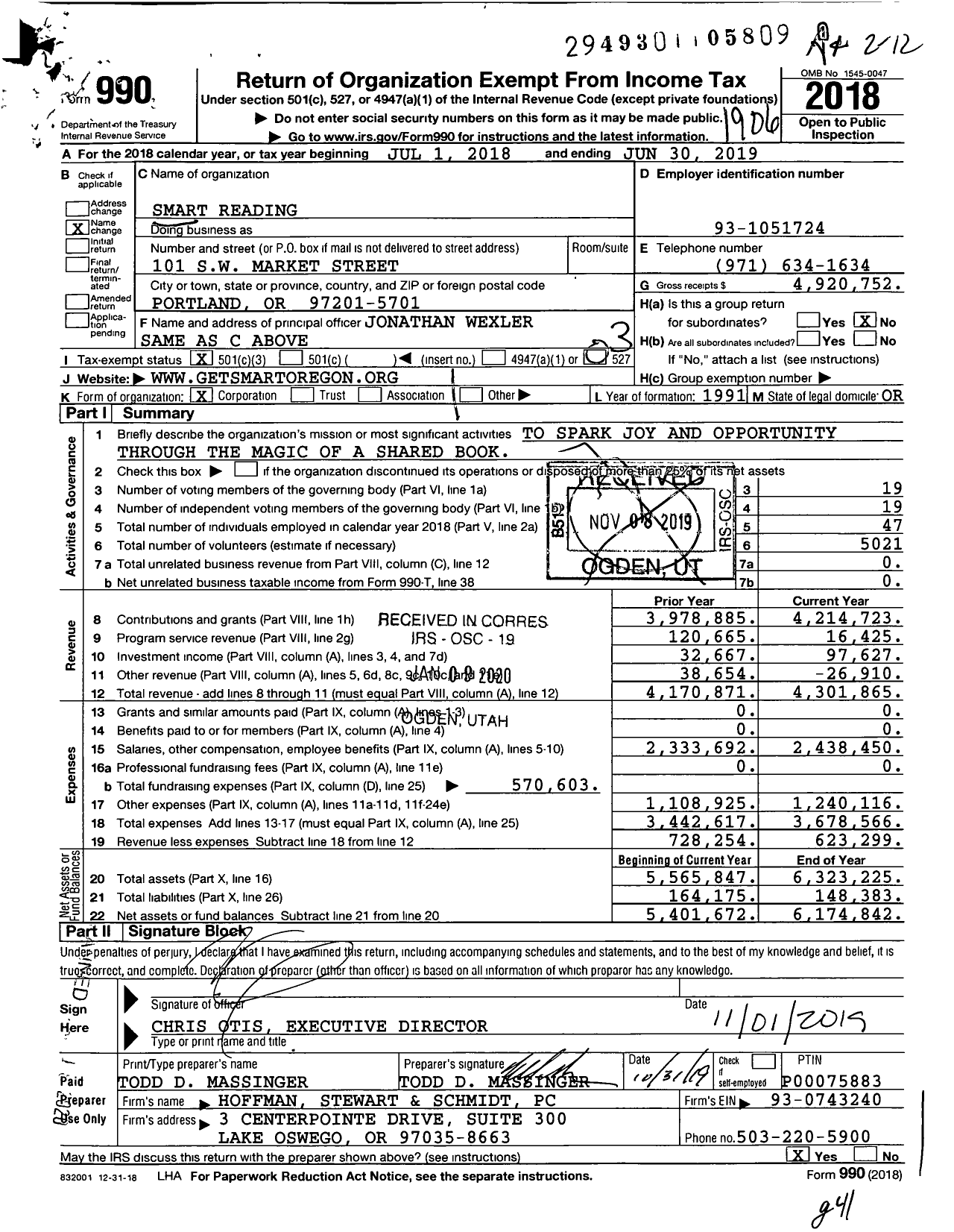 Image of first page of 2018 Form 990 for Smart Reading