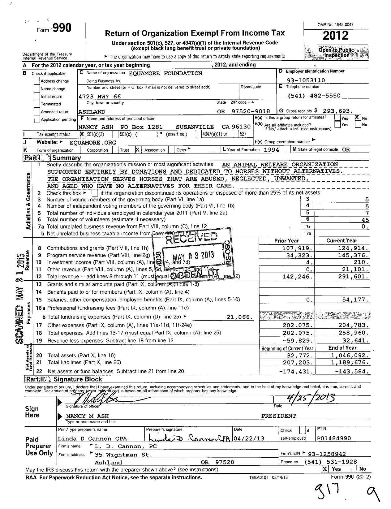 Image of first page of 2012 Form 990 for Equamore Foundation