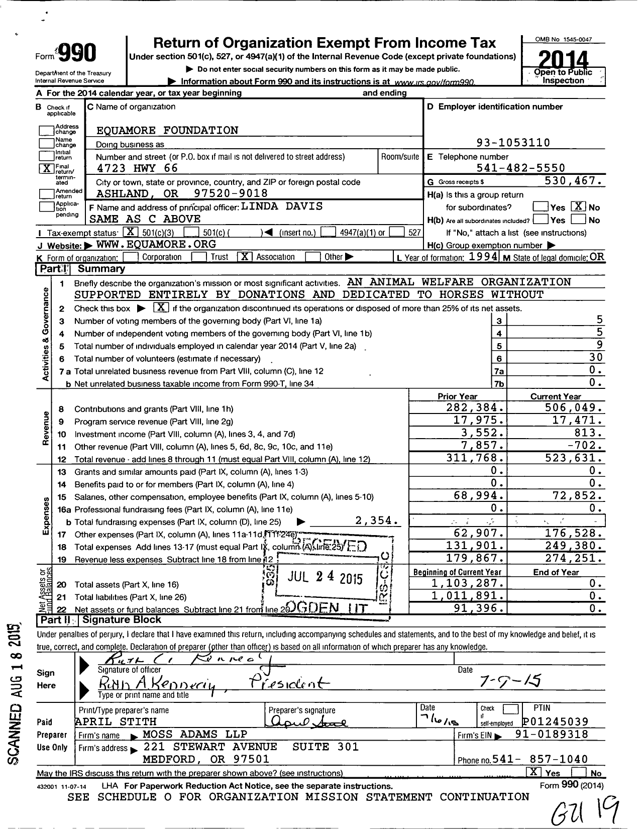 Image of first page of 2014 Form 990 for Equamore Foundation