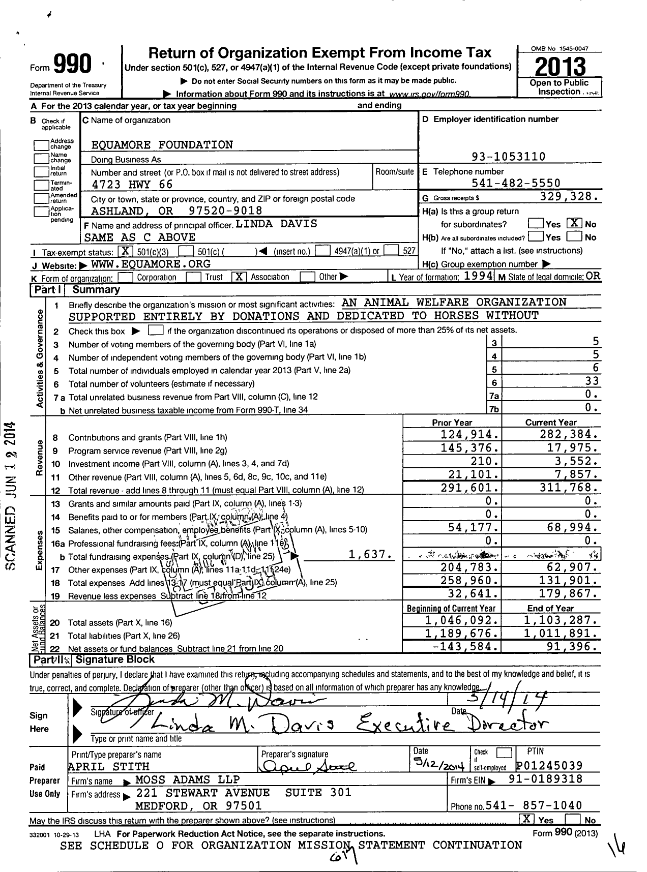 Image of first page of 2013 Form 990 for Equamore Foundation