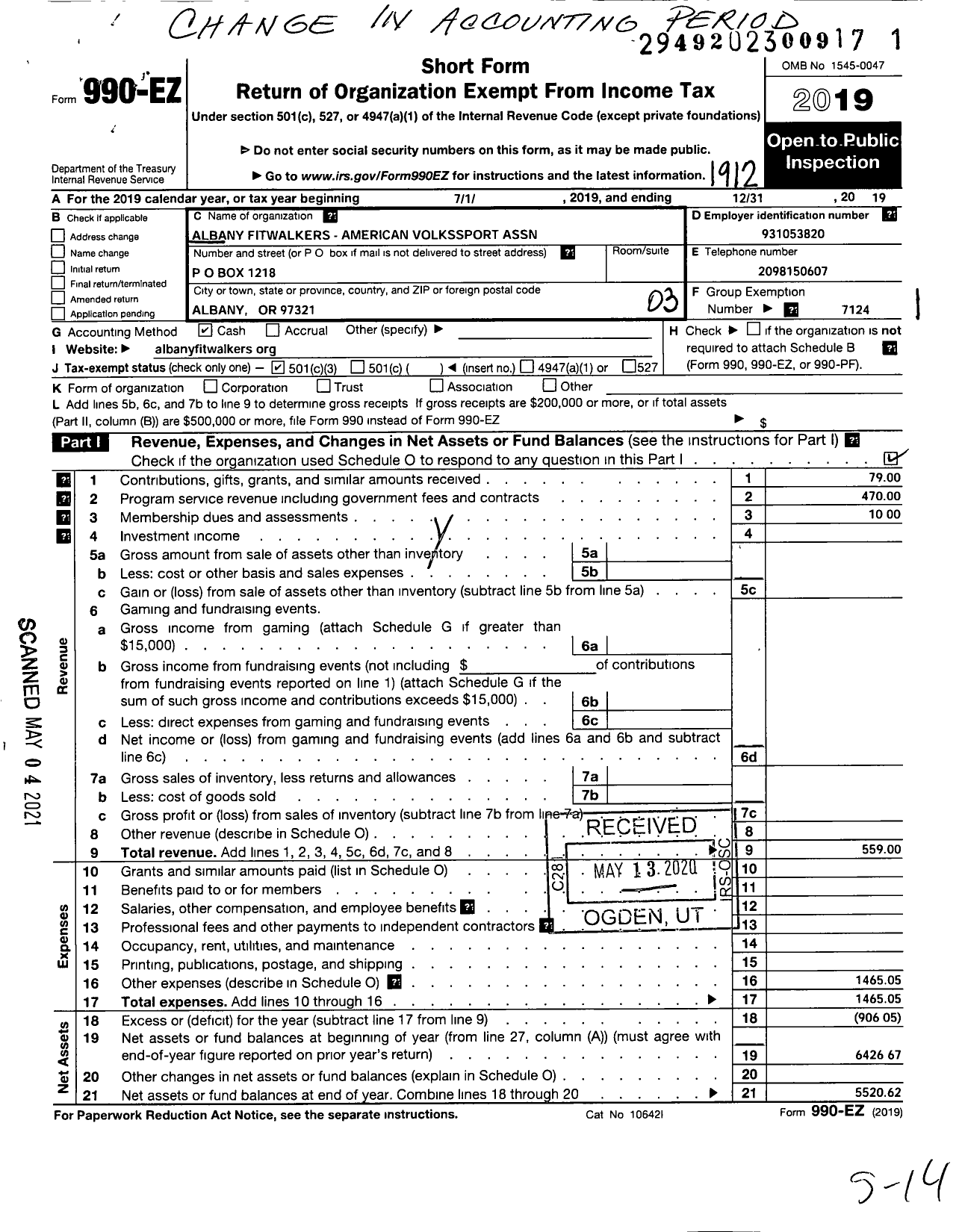 Image of first page of 2019 Form 990EZ for American Volkssport Association - 474 Albany Fitwalkers