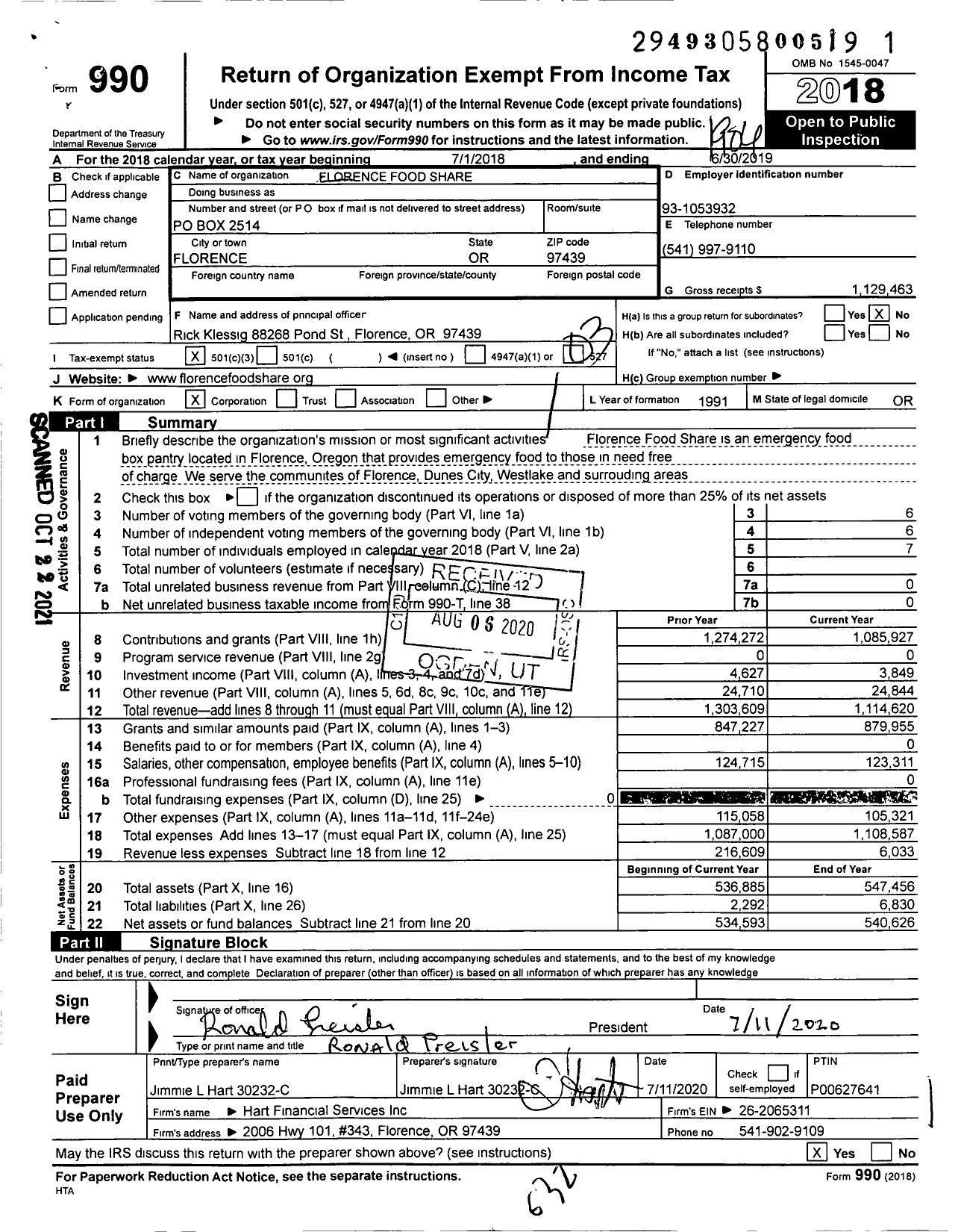 Image of first page of 2018 Form 990 for Florence Food Share