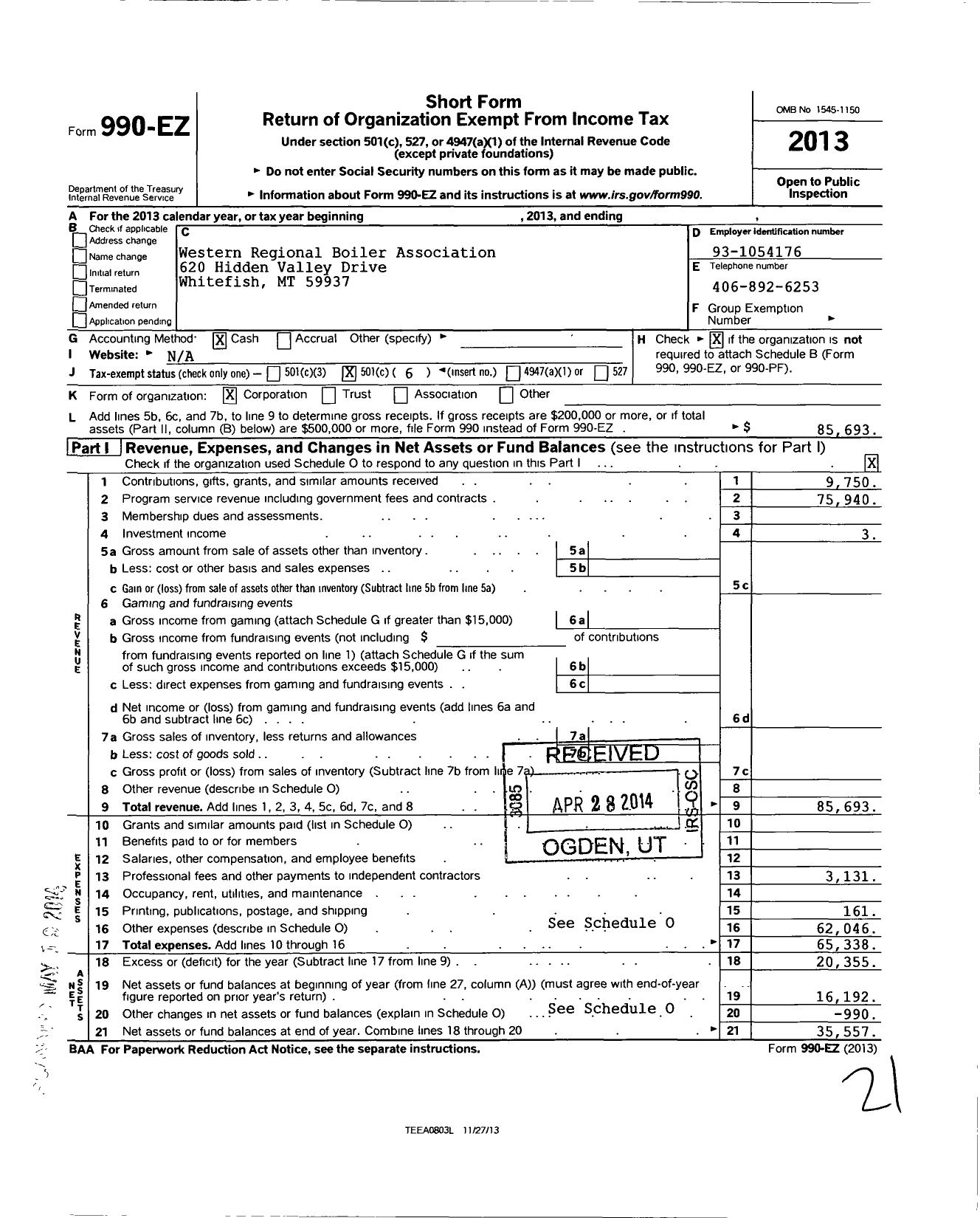 Image of first page of 2013 Form 990EO for Western Regional Boiler Association