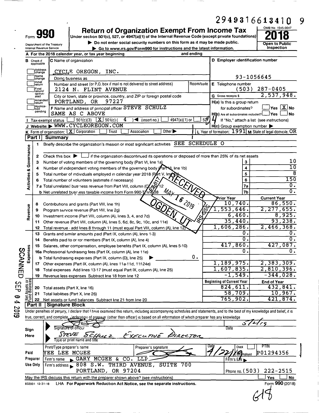 Image of first page of 2018 Form 990O for Cycle Oregon