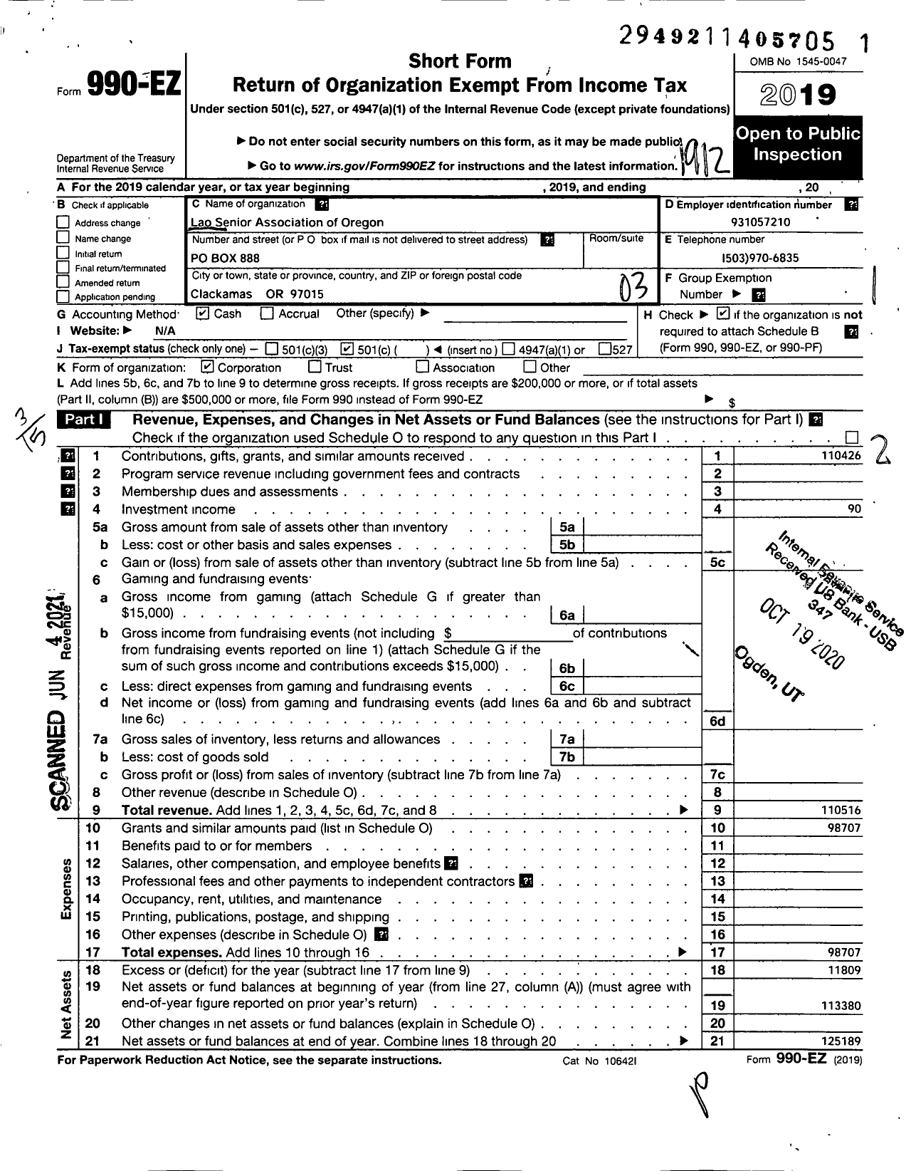 Image of first page of 2019 Form 990EZ for Leo Senior Association of Oregon