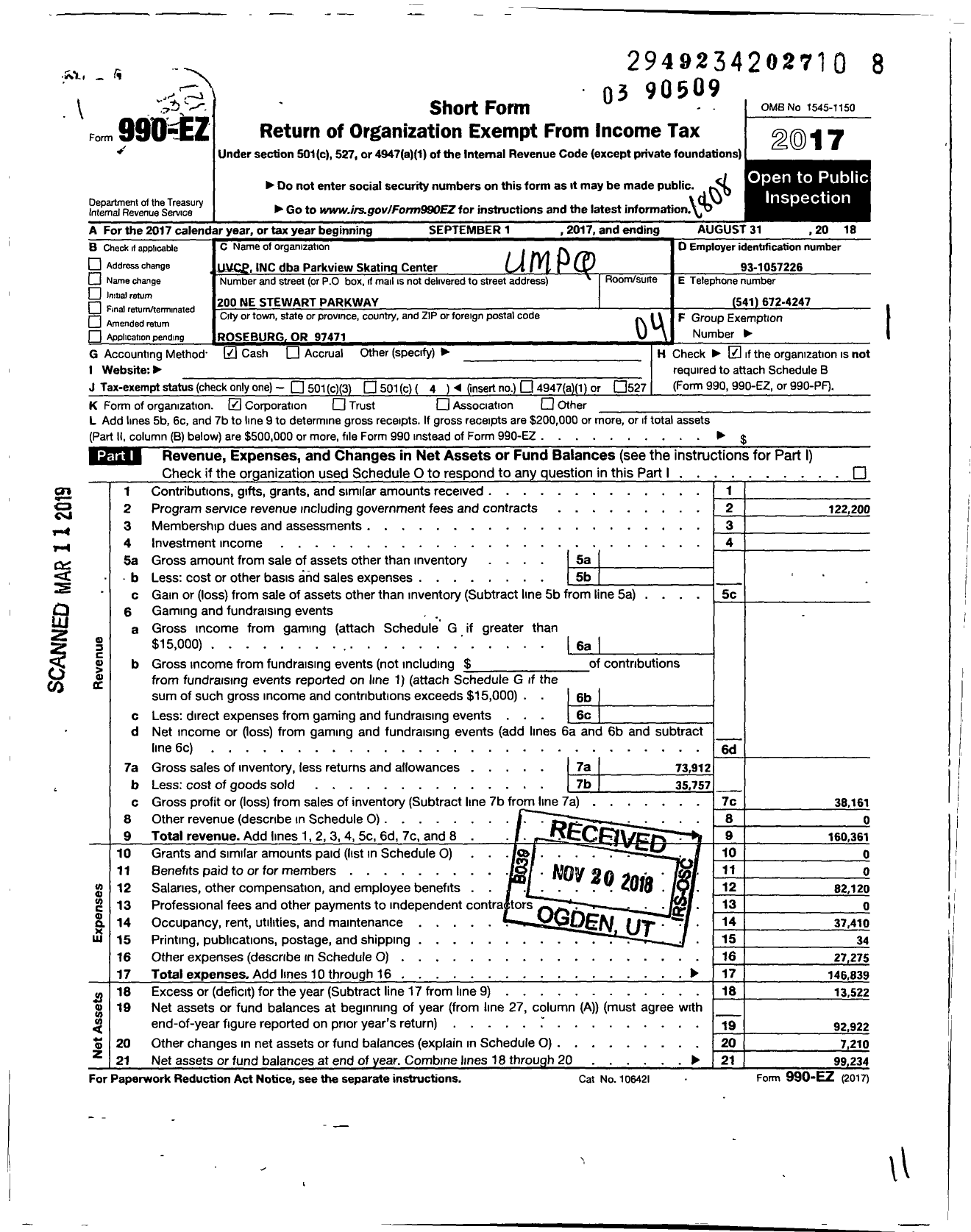 Image of first page of 2017 Form 990EO for Parkview Skating Center