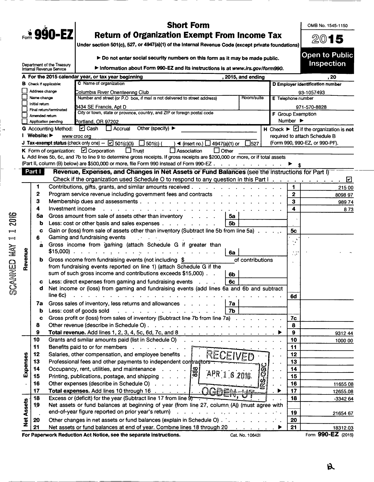 Image of first page of 2015 Form 990EZ for The Columbia River Orienteering Club