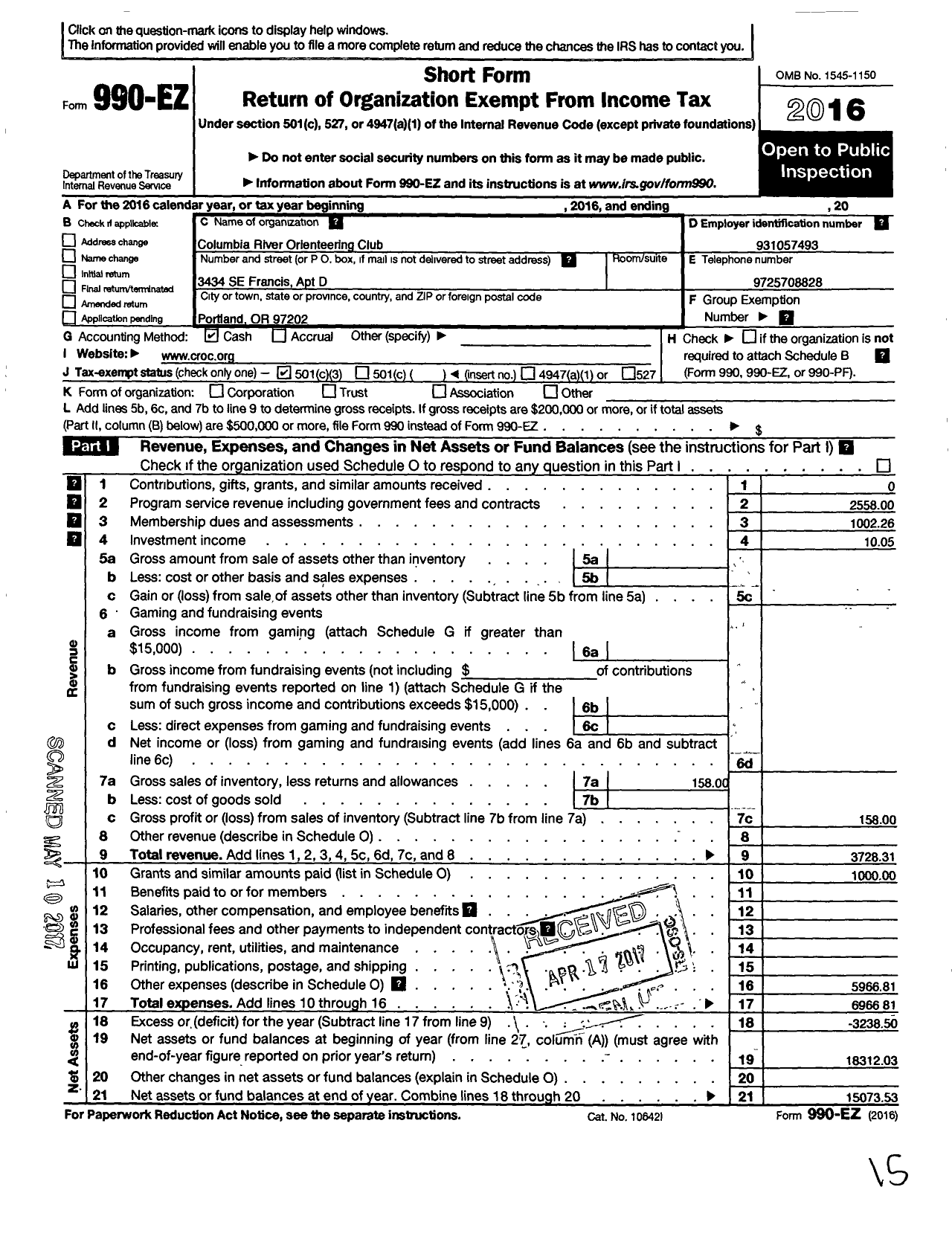 Image of first page of 2016 Form 990EZ for The Columbia River Orienteering Club