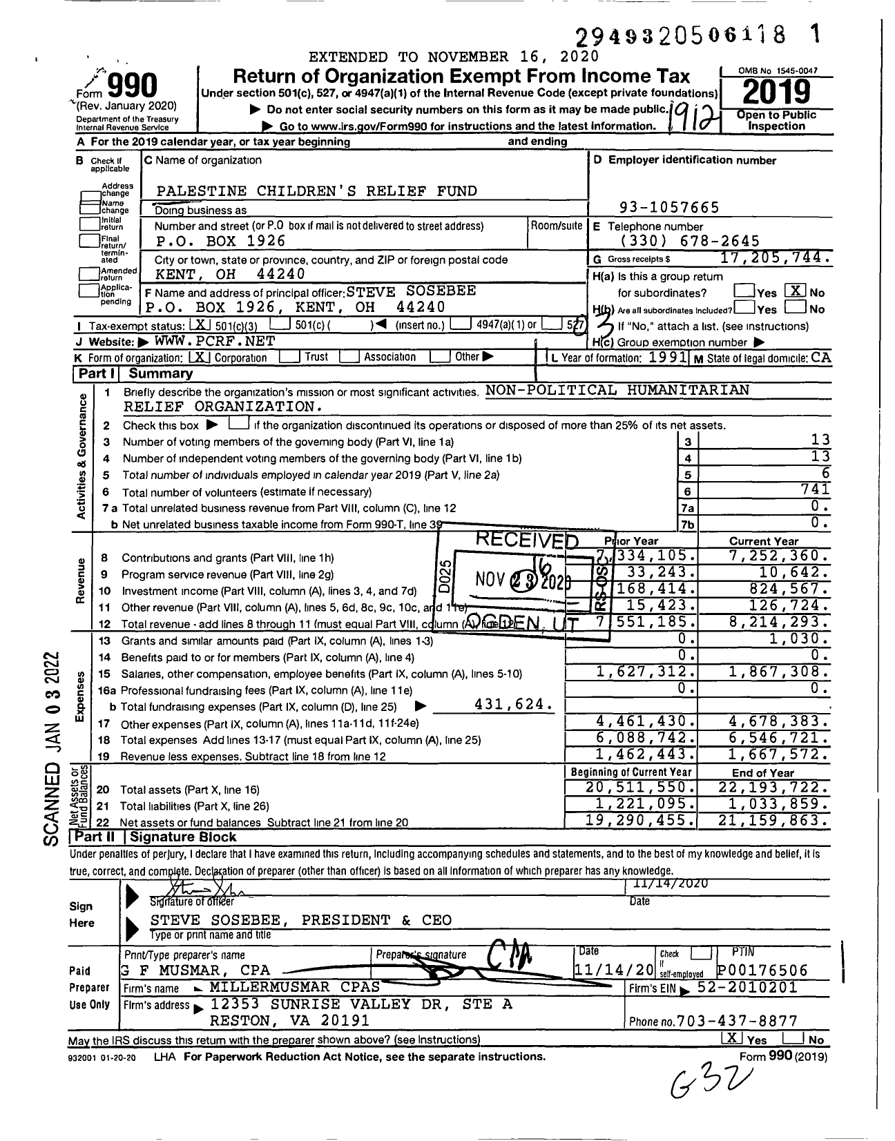 Image of first page of 2019 Form 990 for Palestine Childrens Relief Fund (PCRF)