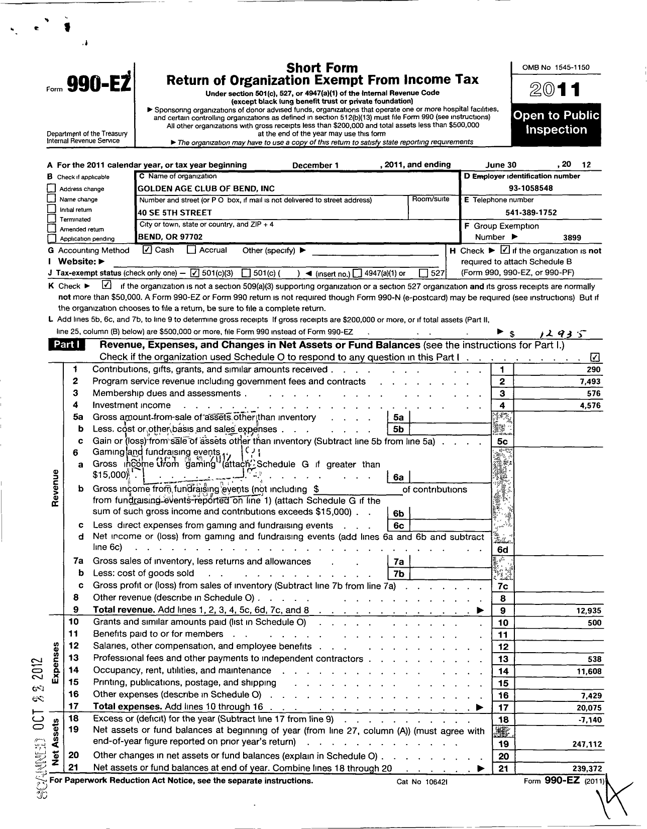 Image of first page of 2011 Form 990EZ for Golden Age Club of Bend