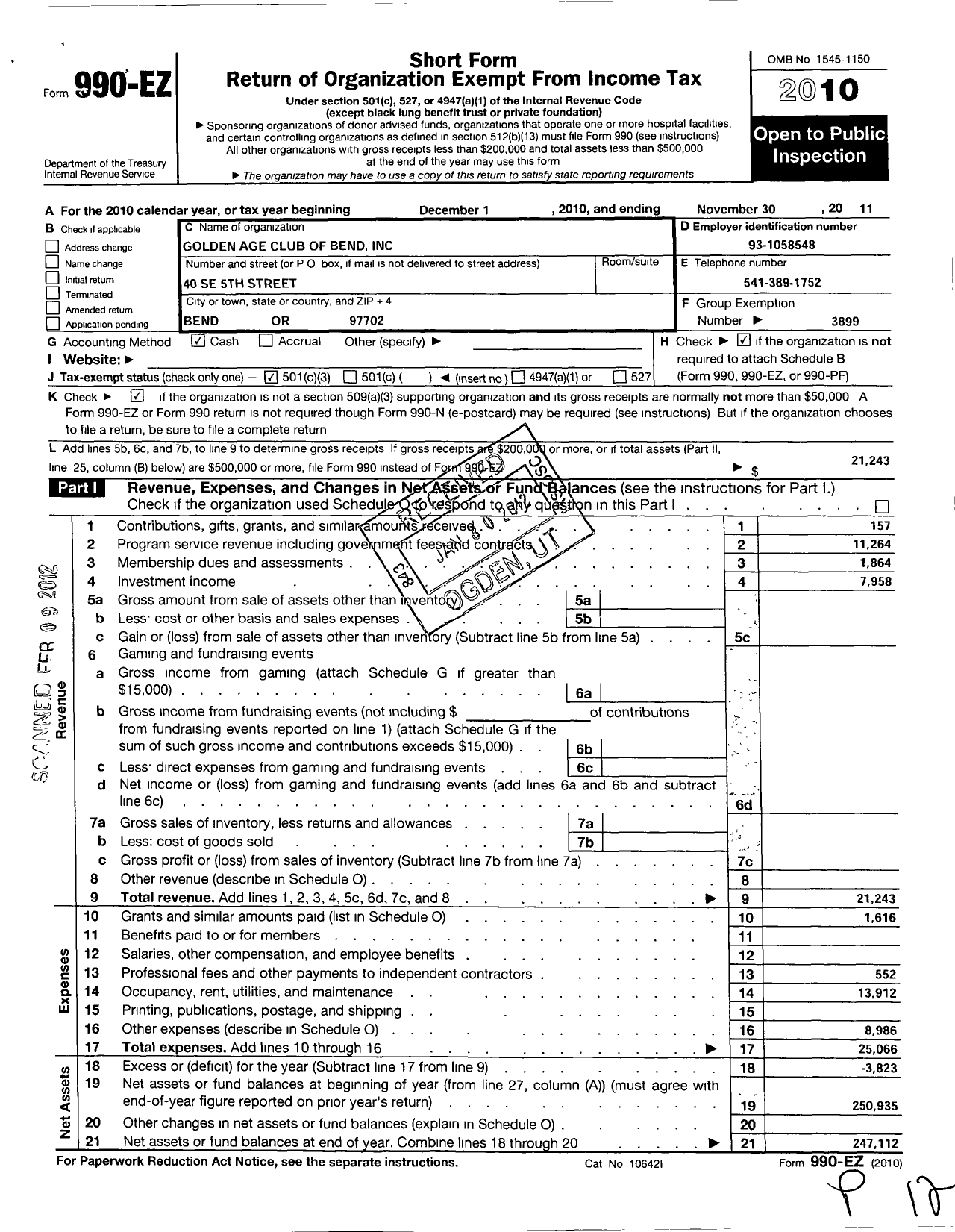 Image of first page of 2010 Form 990EZ for Golden Age Club of Bend