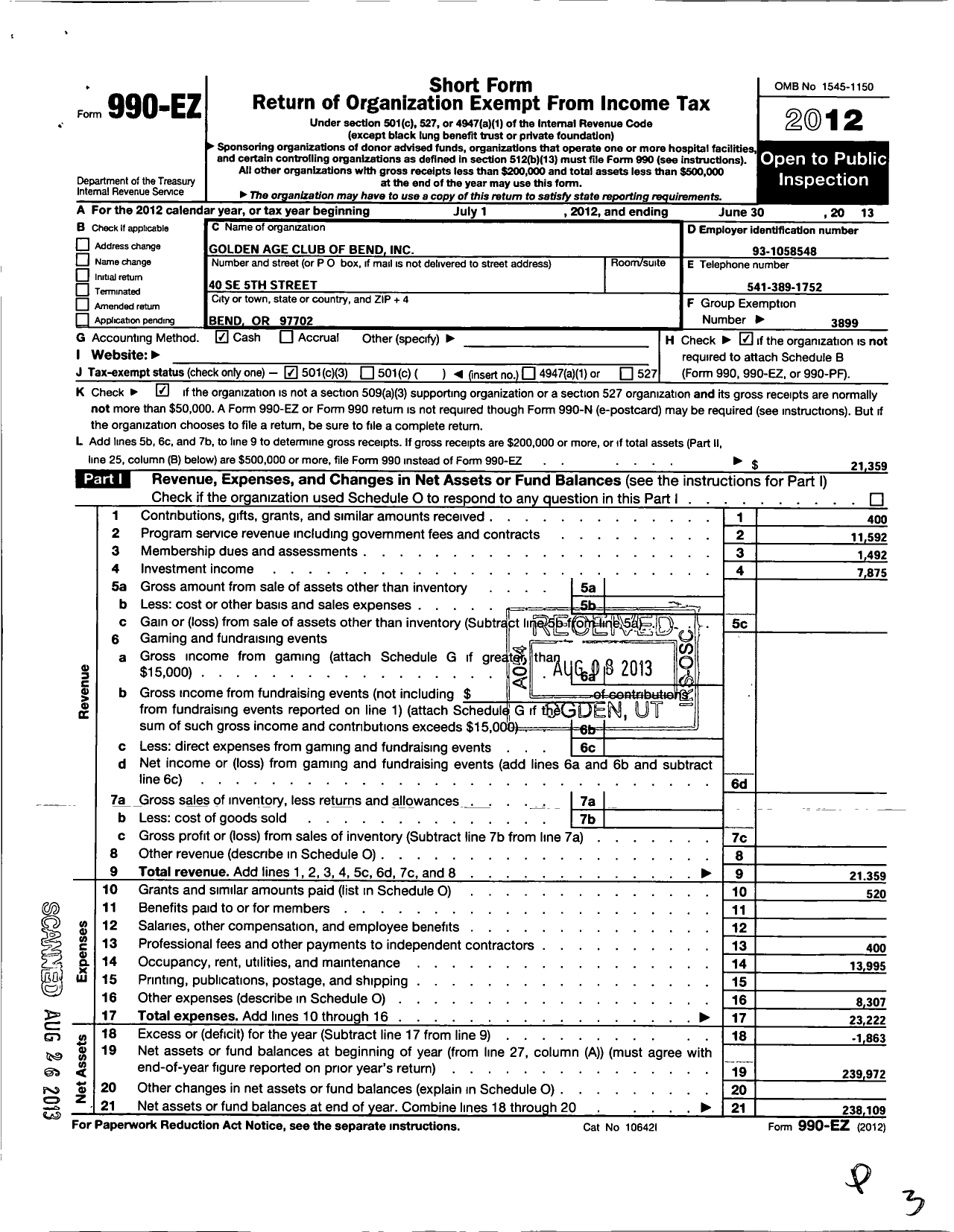 Image of first page of 2012 Form 990EZ for Golden Age Club of Bend