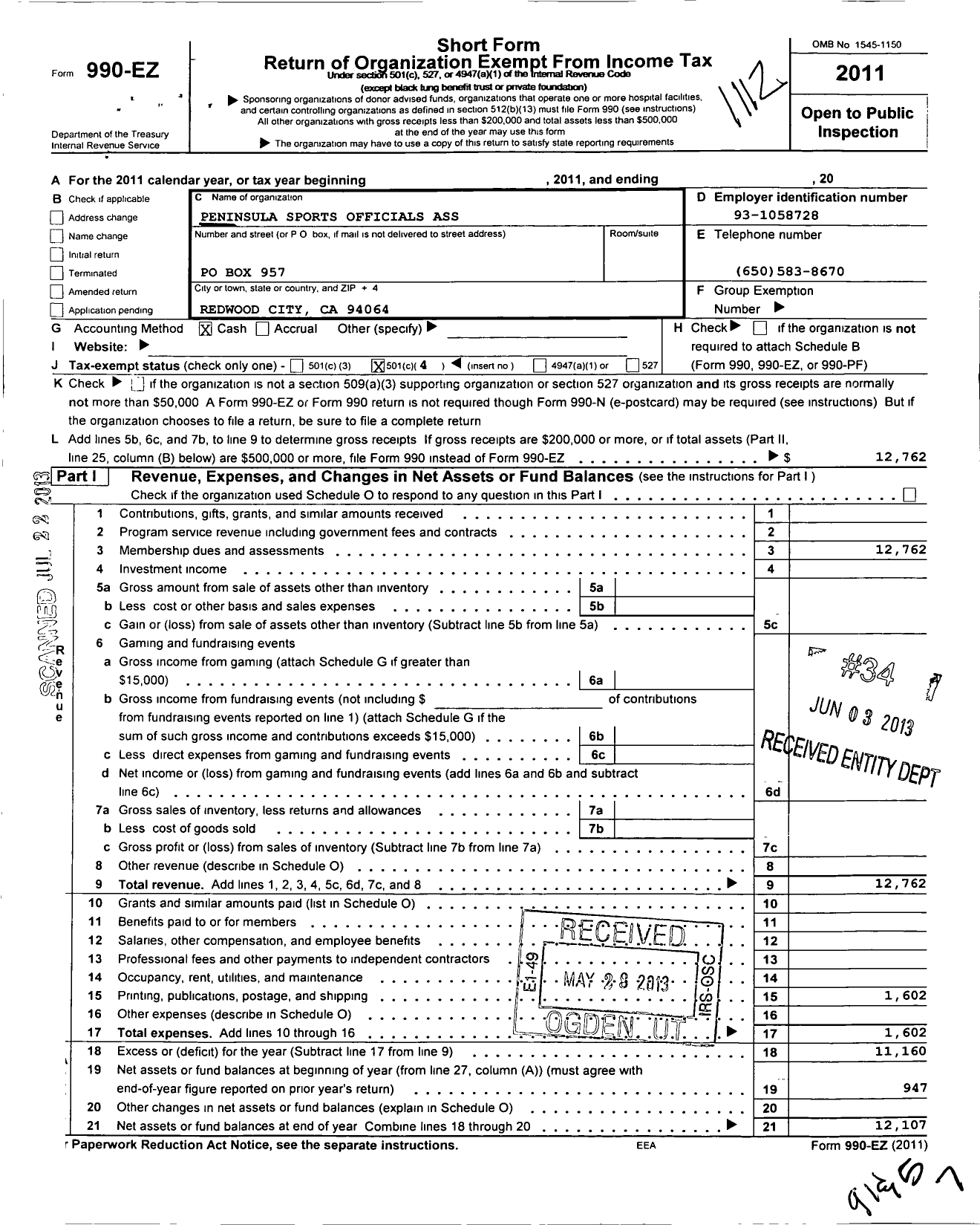 Image of first page of 2011 Form 990EO for Peninsula Sports Officials Association