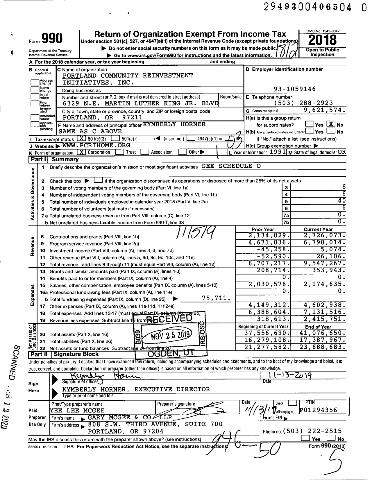 Image of first page of 2018 Form 990 for Portland Community Reinvestment Initiatives (PCRI)